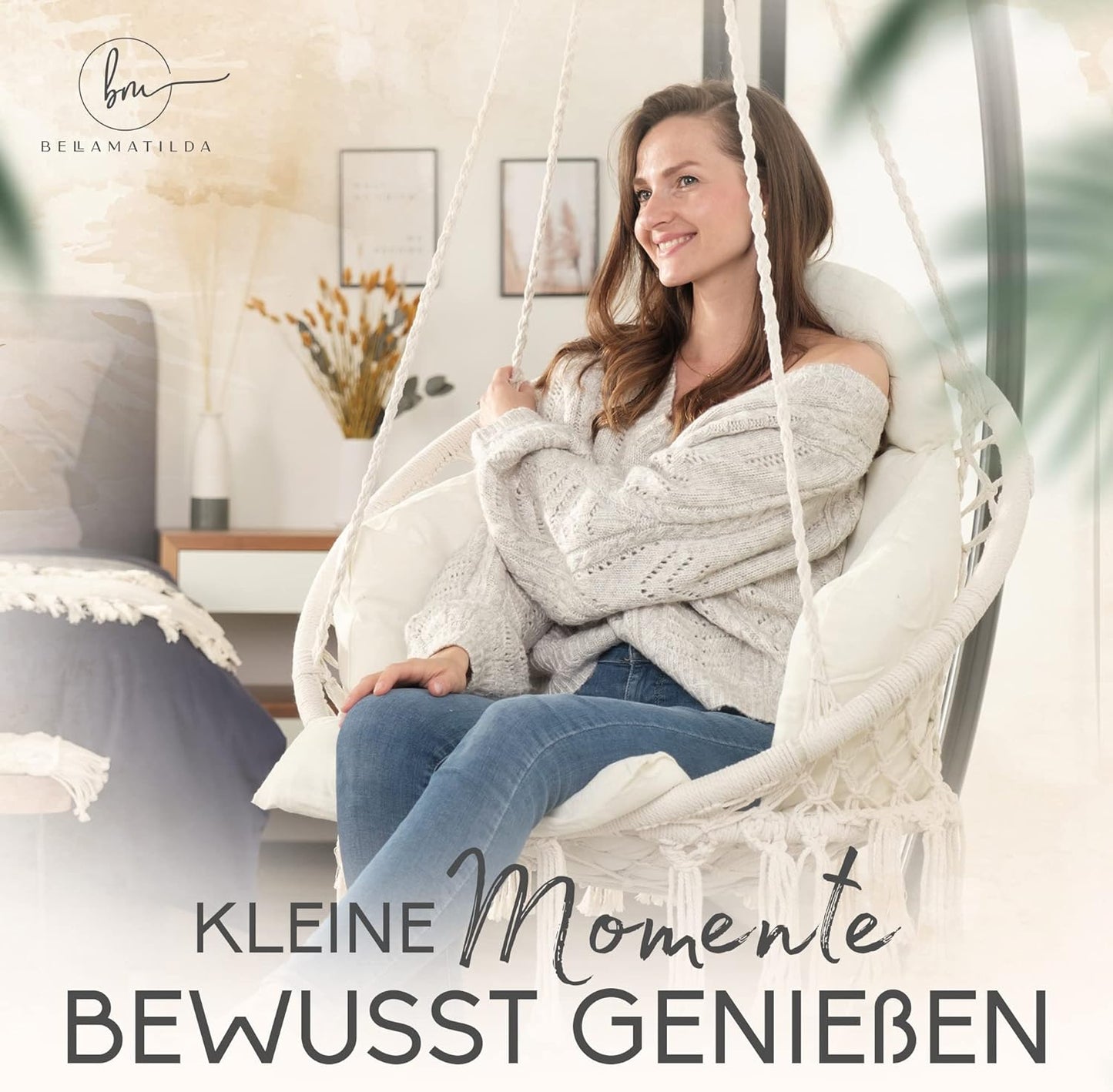 Hängesessel mit Korb & XXXL Kissen, Beige