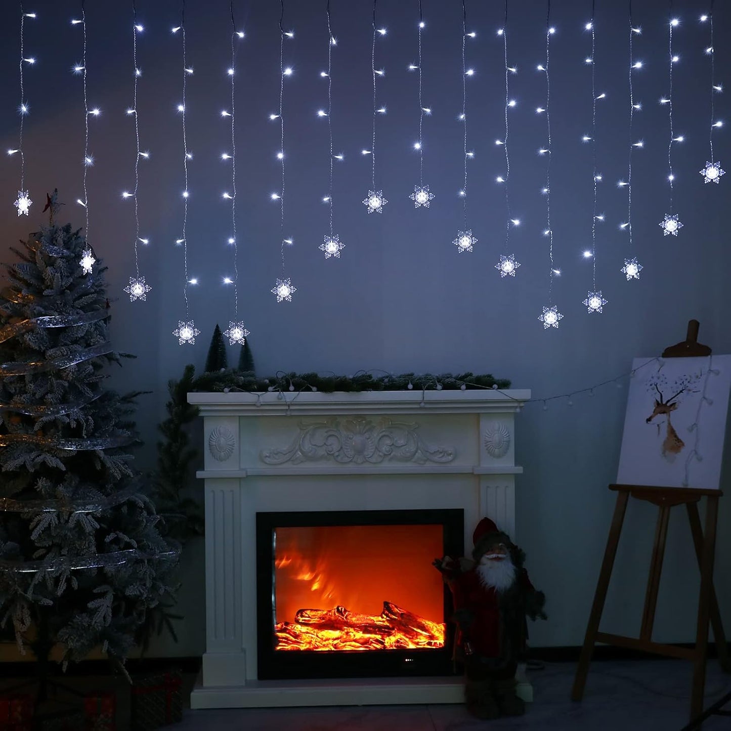 Lichtervorhang mit Schneeflocken-Motiv, 2x1m, 104 LEDs, Kaltweiss-schneeflocken