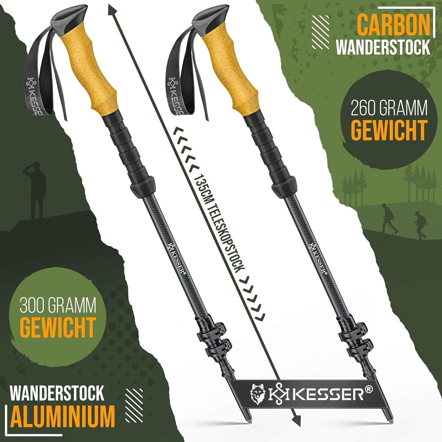 Faltbare Wanderstöcke aus Carbon, Teleskop - 105-135cm Carbon