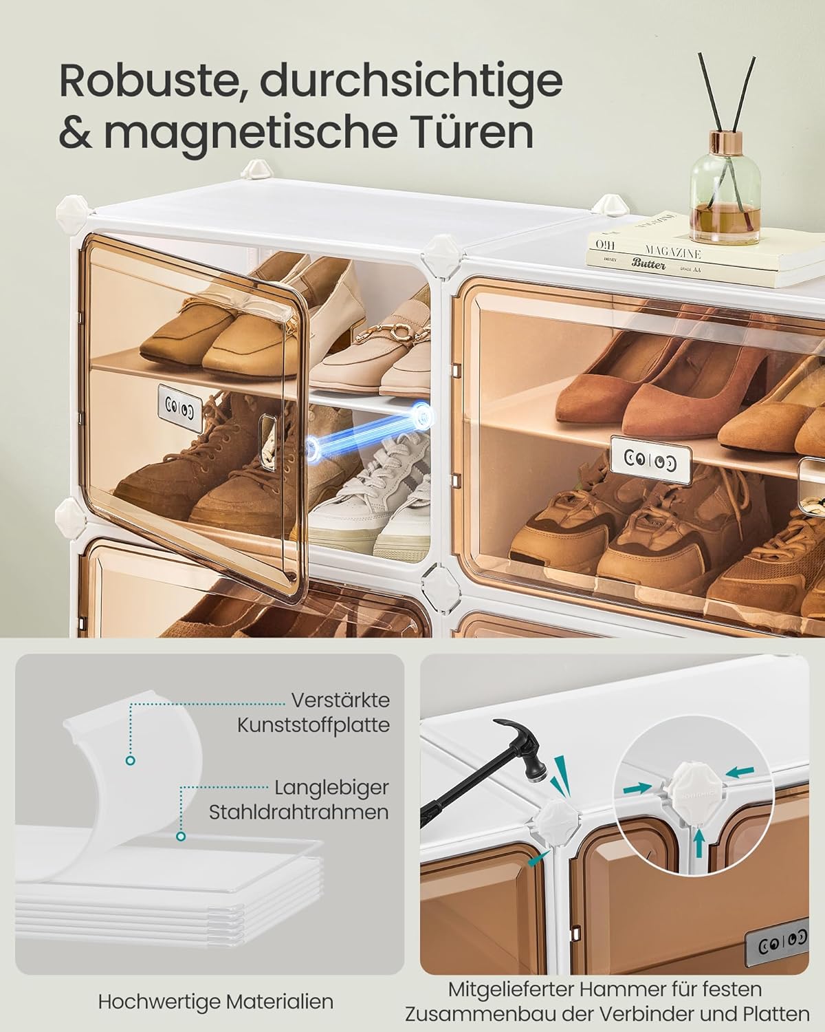 Schuhregal mit 8 Fächern, für 32 Paar Schuhe, Wolkenweiss + Transparentes Braun