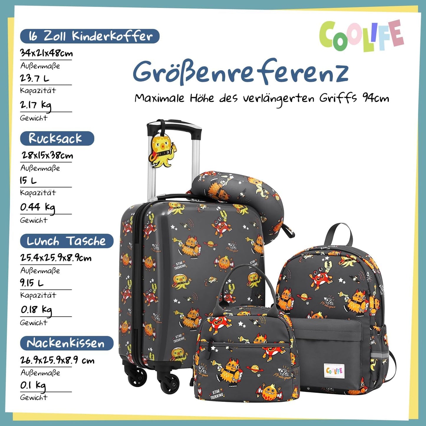 Kinderkoffer-Set mit Rucksack, Koffer-Set 5-tlg Monster