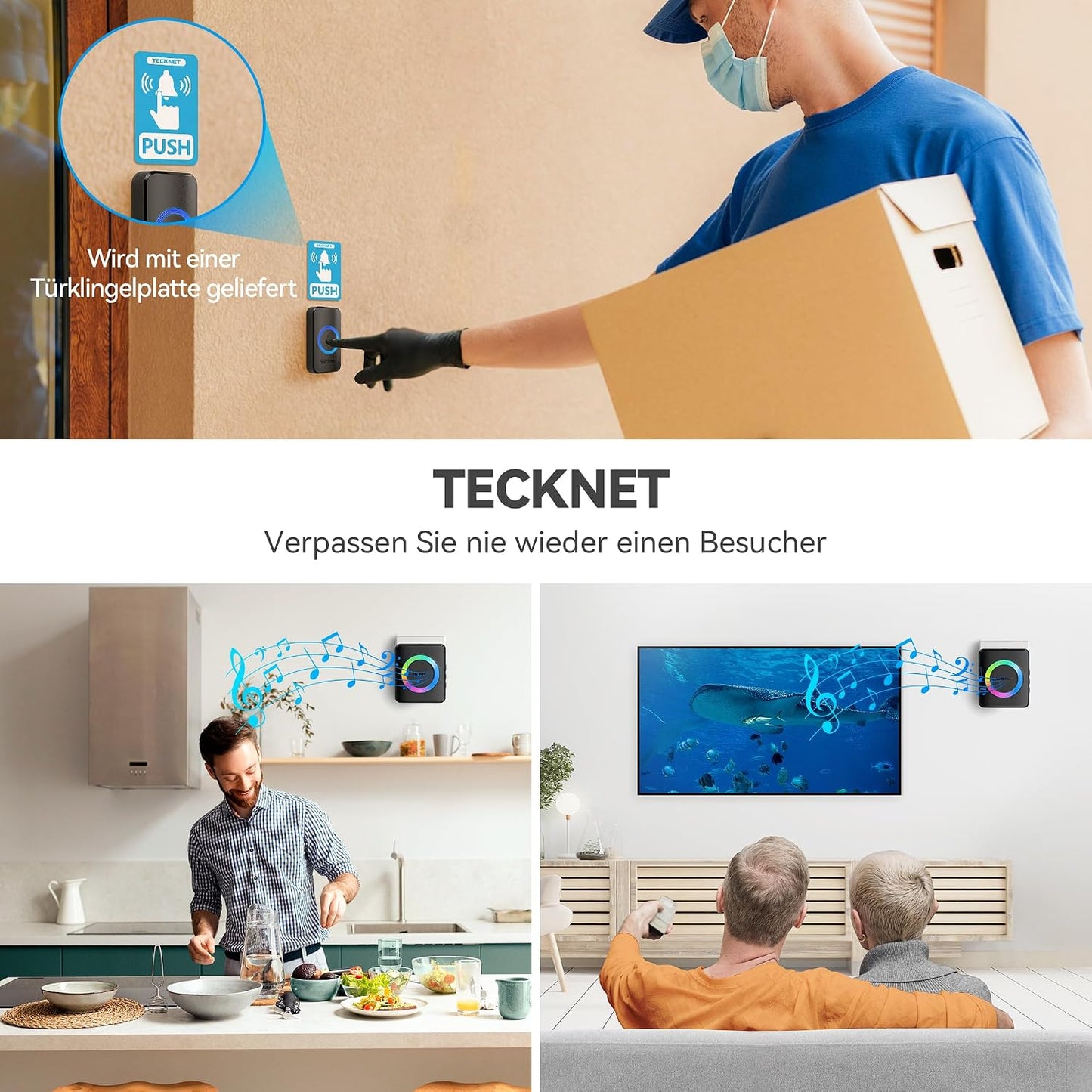 Funkklingel-Set mit 2 Plug-In-Empfänger, 2 Sendern und RGB-Blitz, 2 Empfänger & 2 Sender Schwarz