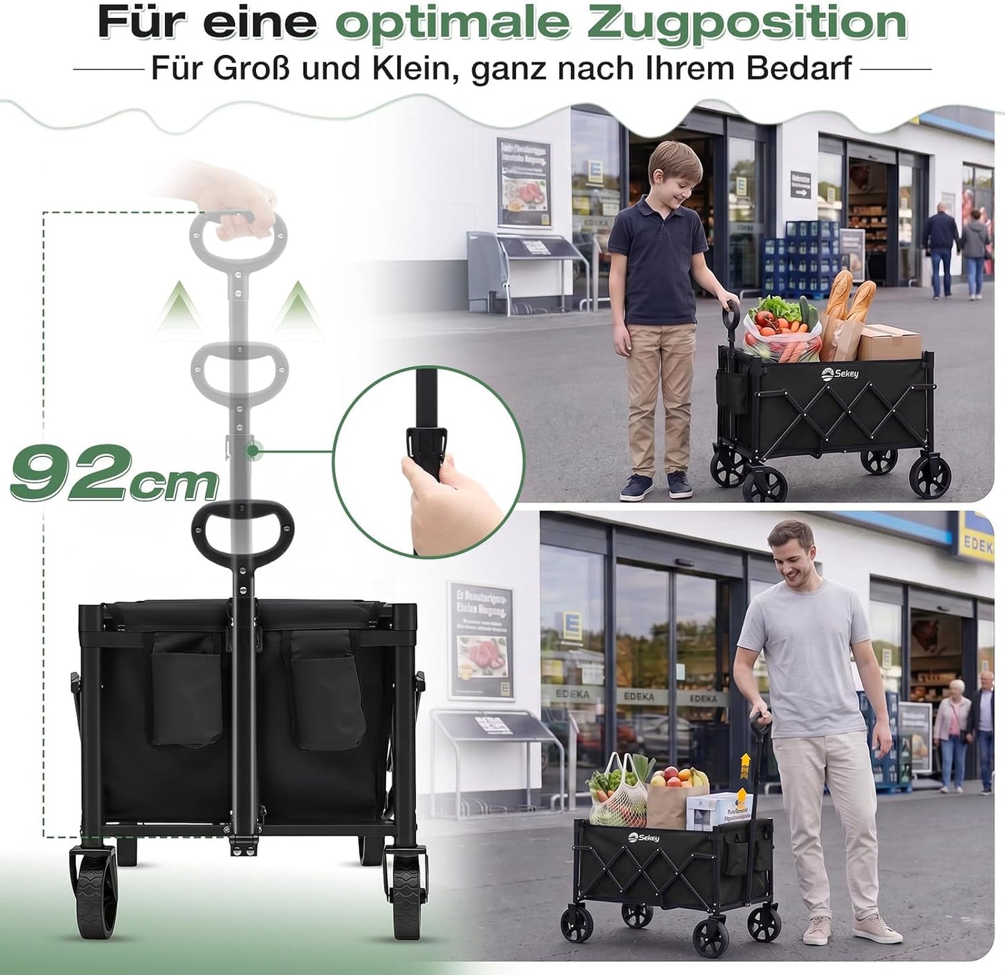 Faltbarer Bollerwagen mit verstellbarem Griff, Schwarz 60L