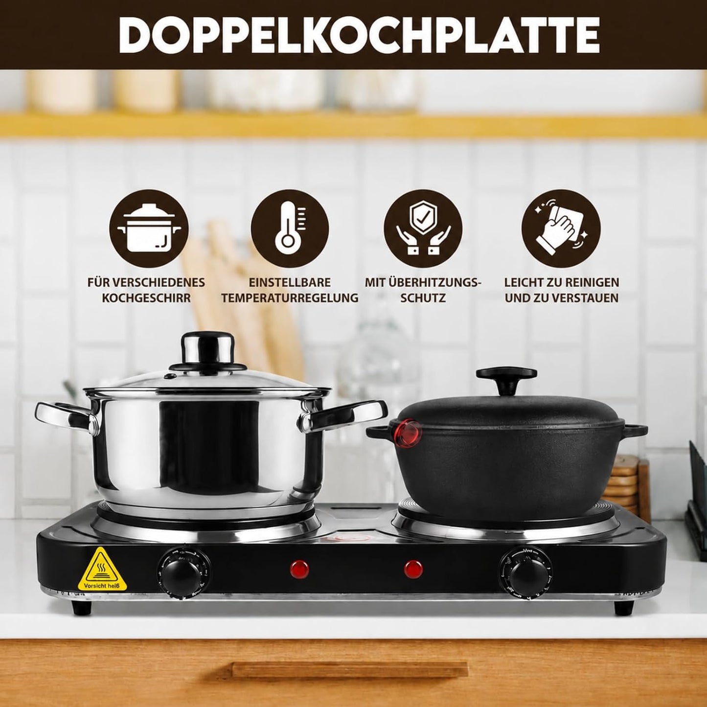 Tragbare Doppelkochplatte mit Temperaturregelung