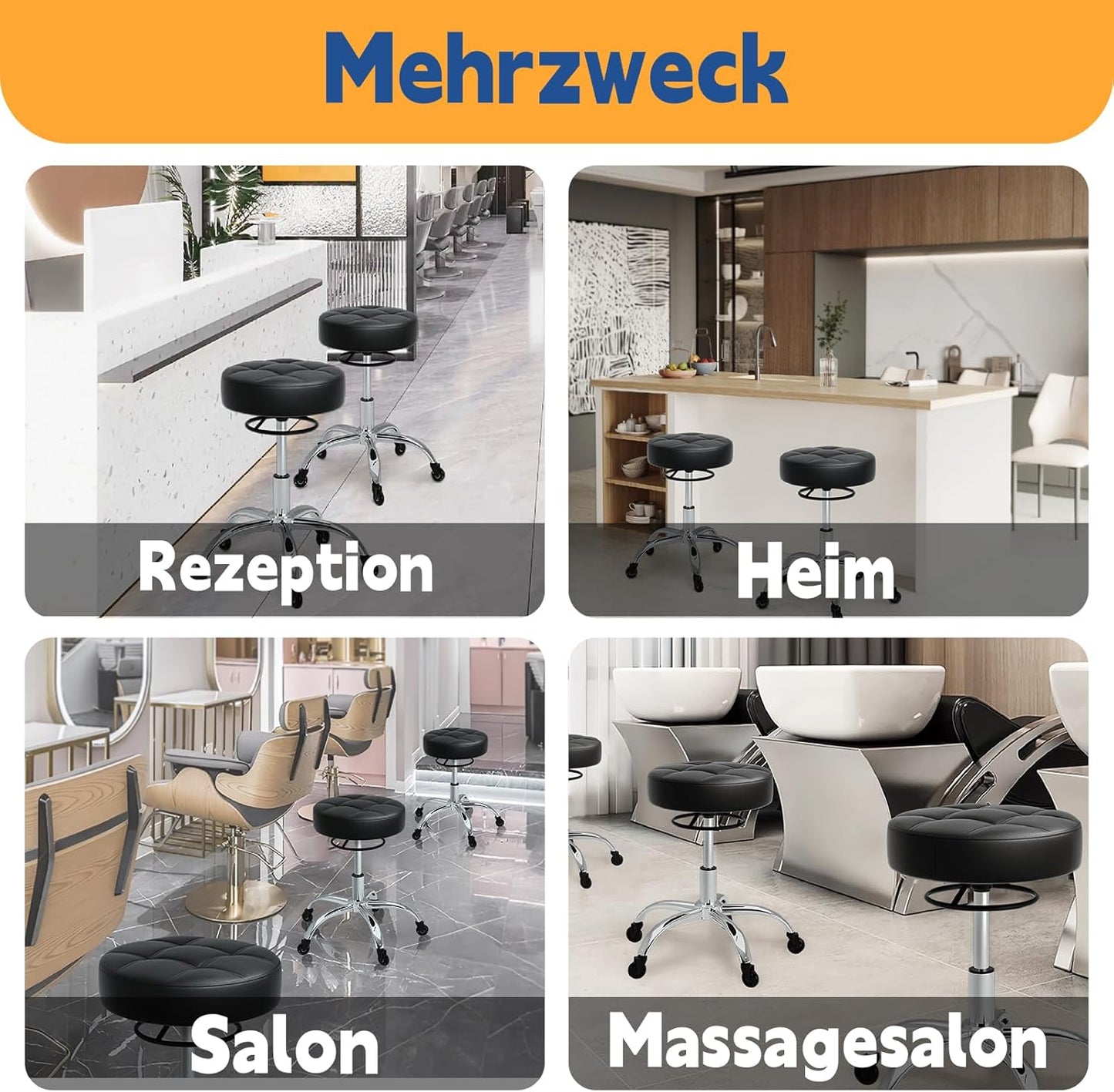 Höhenverstellbarer Rollhocker mit 360° Rollen, Schwarz