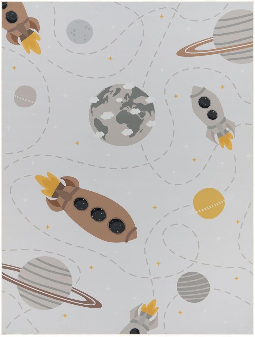 Rutschfester Kinderteppich mit Planeten Sterne Raketen, 80 x 150 cm Beige Braun Gelb