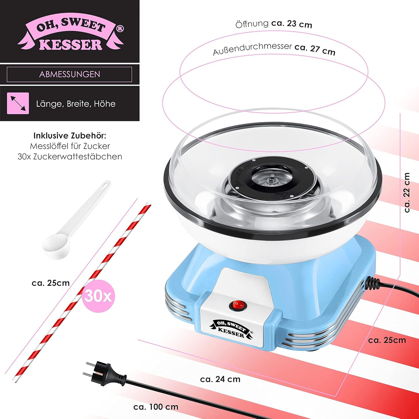 Zuckerwattemaschine Set mit Zubehör, Blau / Weiss