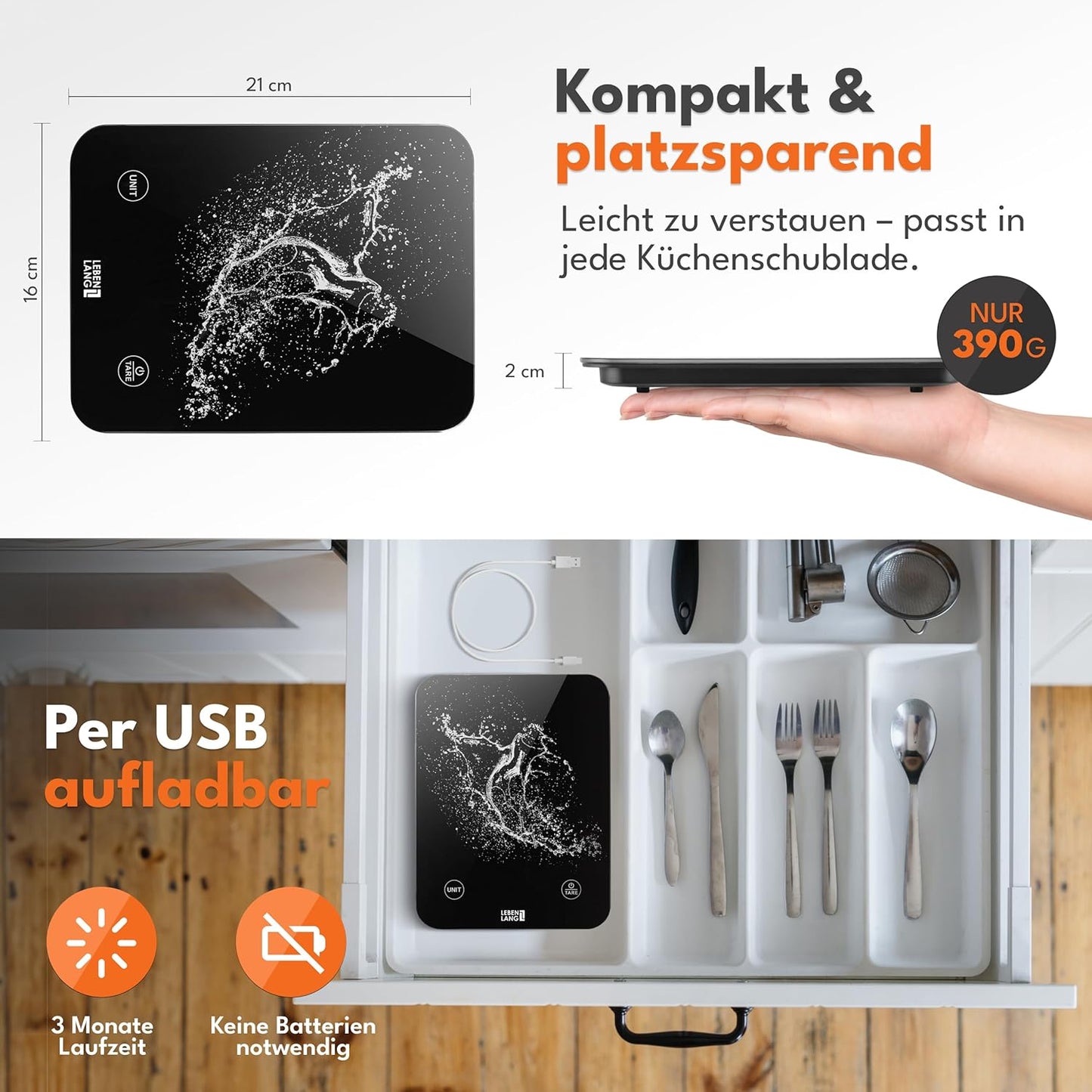 Digitale Küchenwaage LBL712 wasserdicht, USB aufladbar