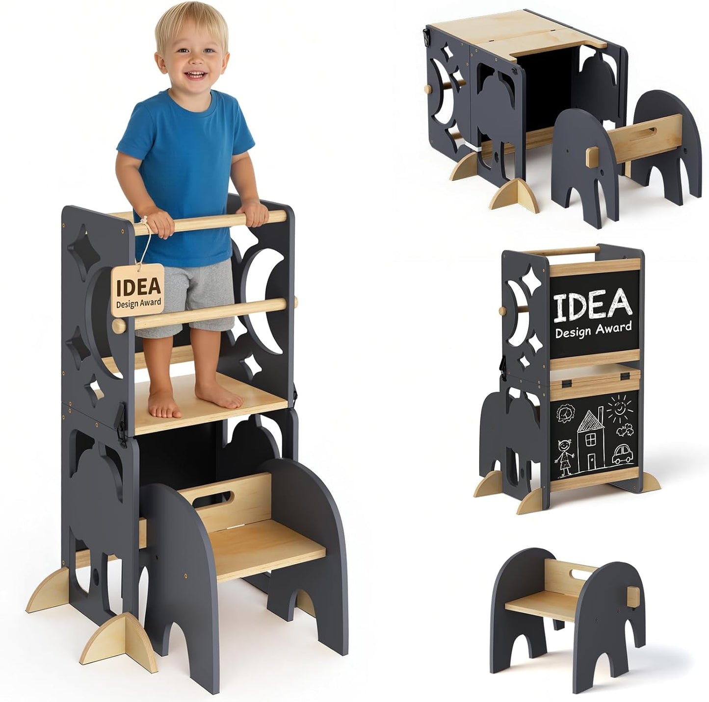 4in1 Lernturm mit Doppeltafel & Schreibtisch, Schwarz
