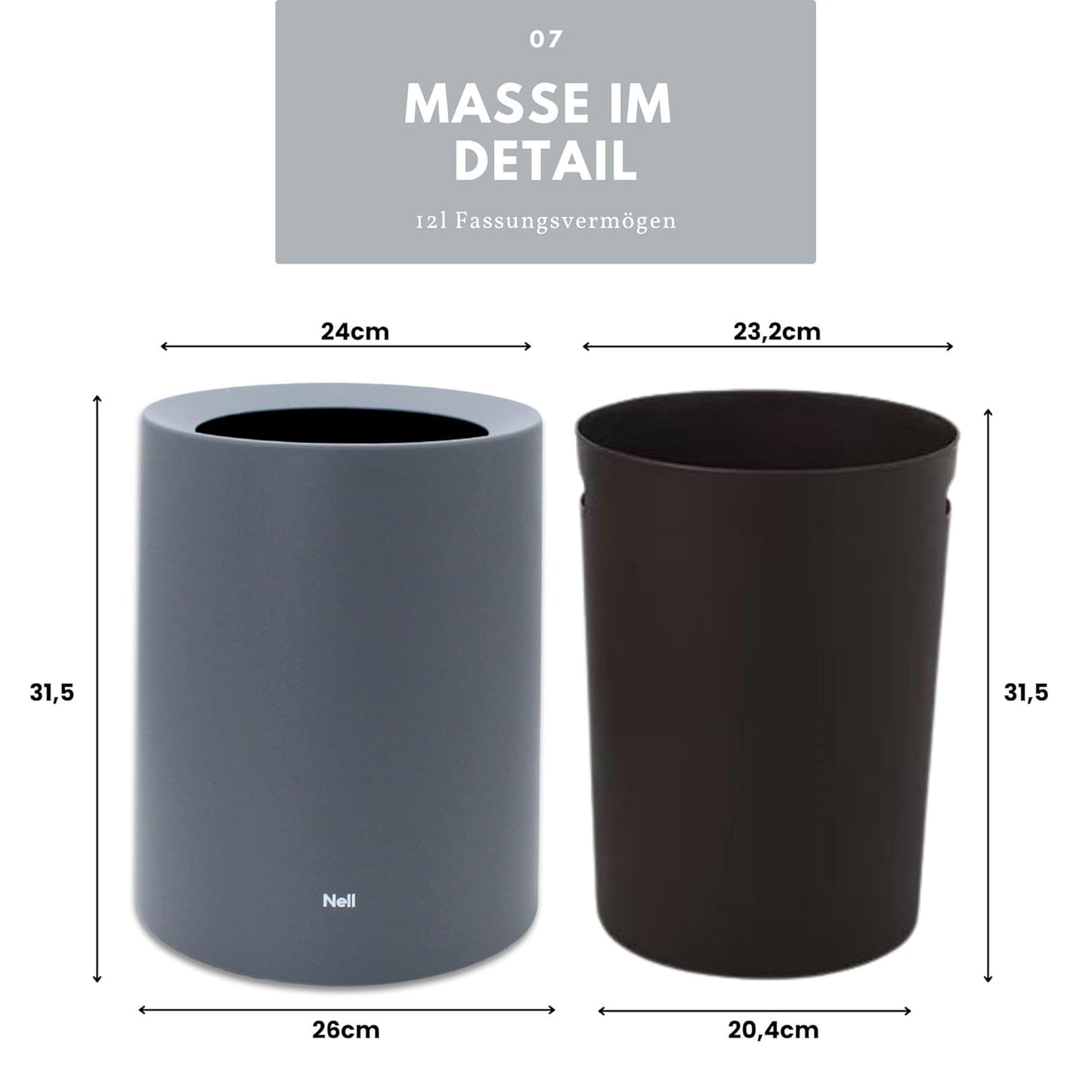 Mülleimer, 12L, 12l ohne Deckel Grau