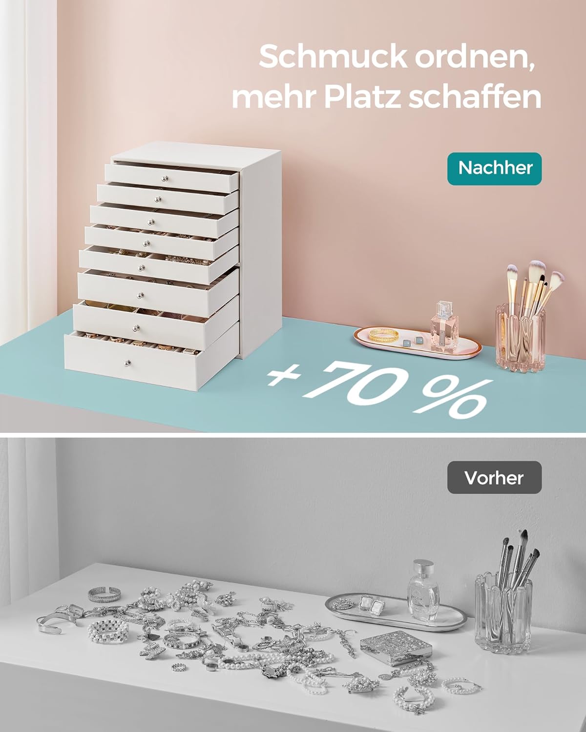 Geräumiger Schmuckkasten mit 8 Schubladen, 8 ebenen, Weiss