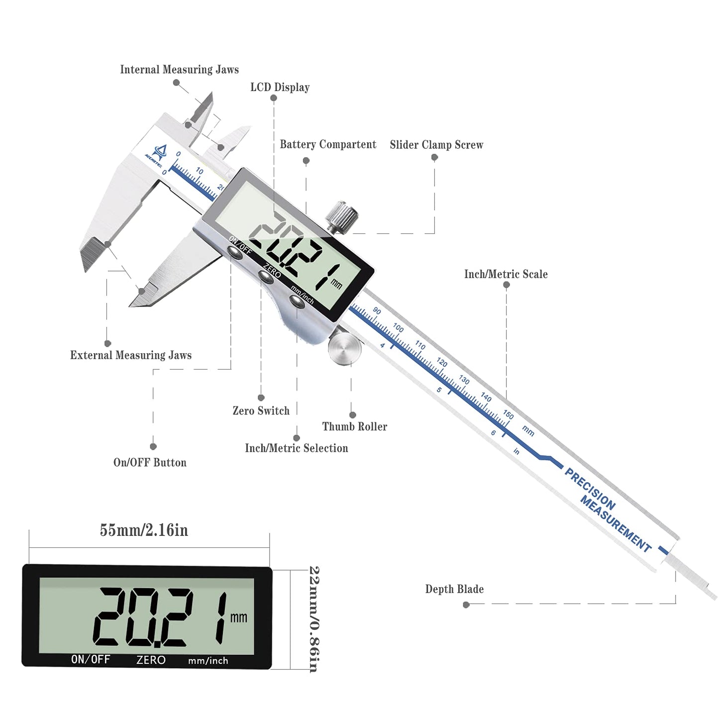 Digitaler Messschieber mit grossem LCD-Display