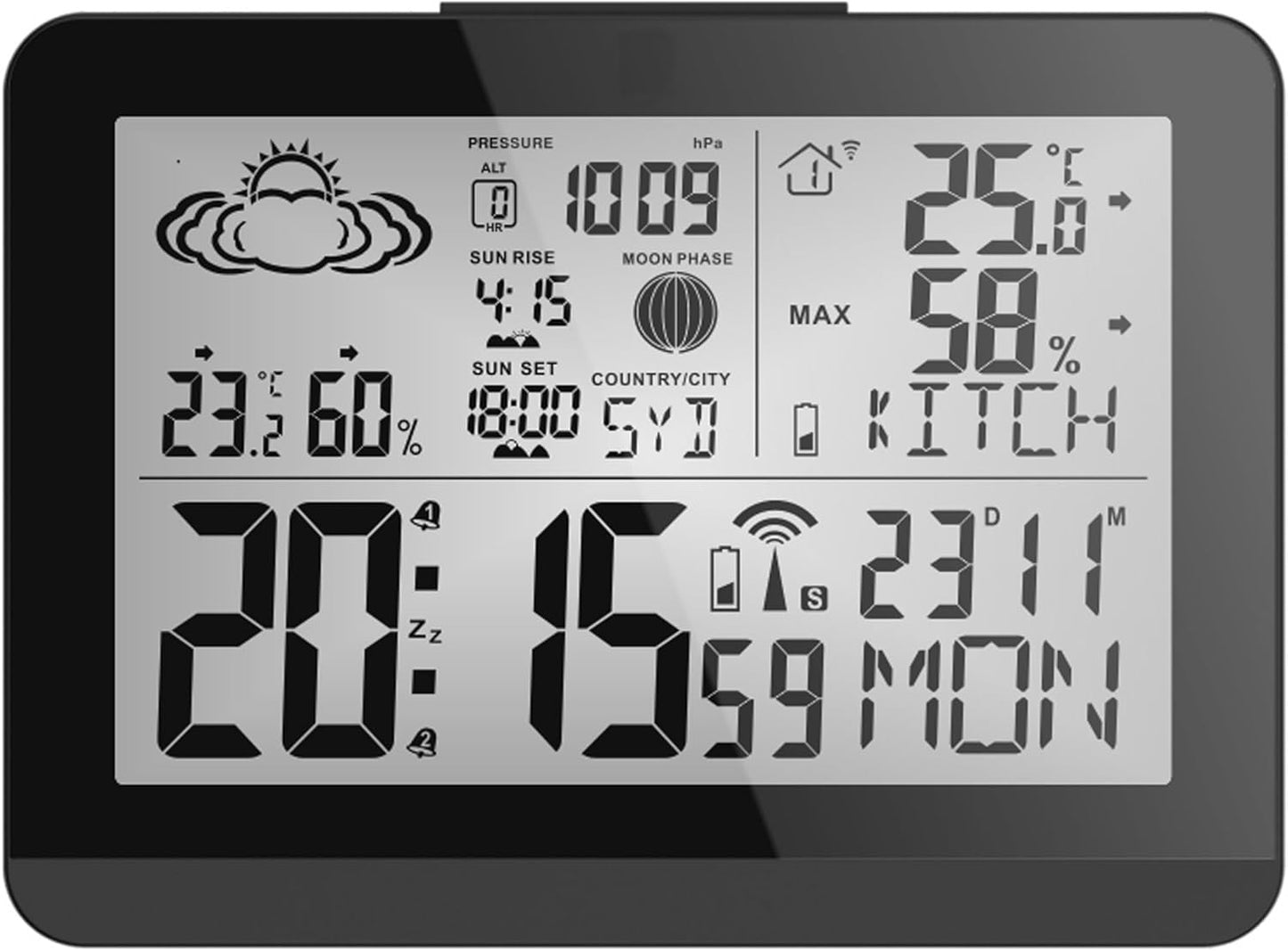 Funk-Wetterstation mit Aussensensor, Schwarz