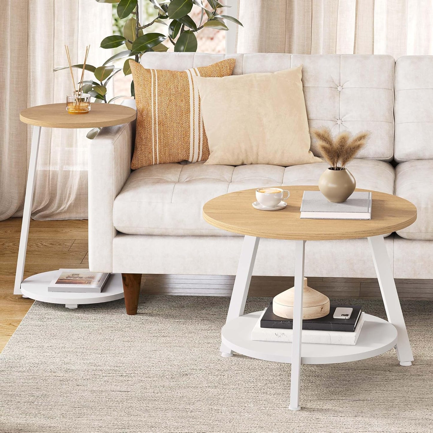Runder Couchtisch-Set mit Stauraum (2-teilig), Naturholzfarbe