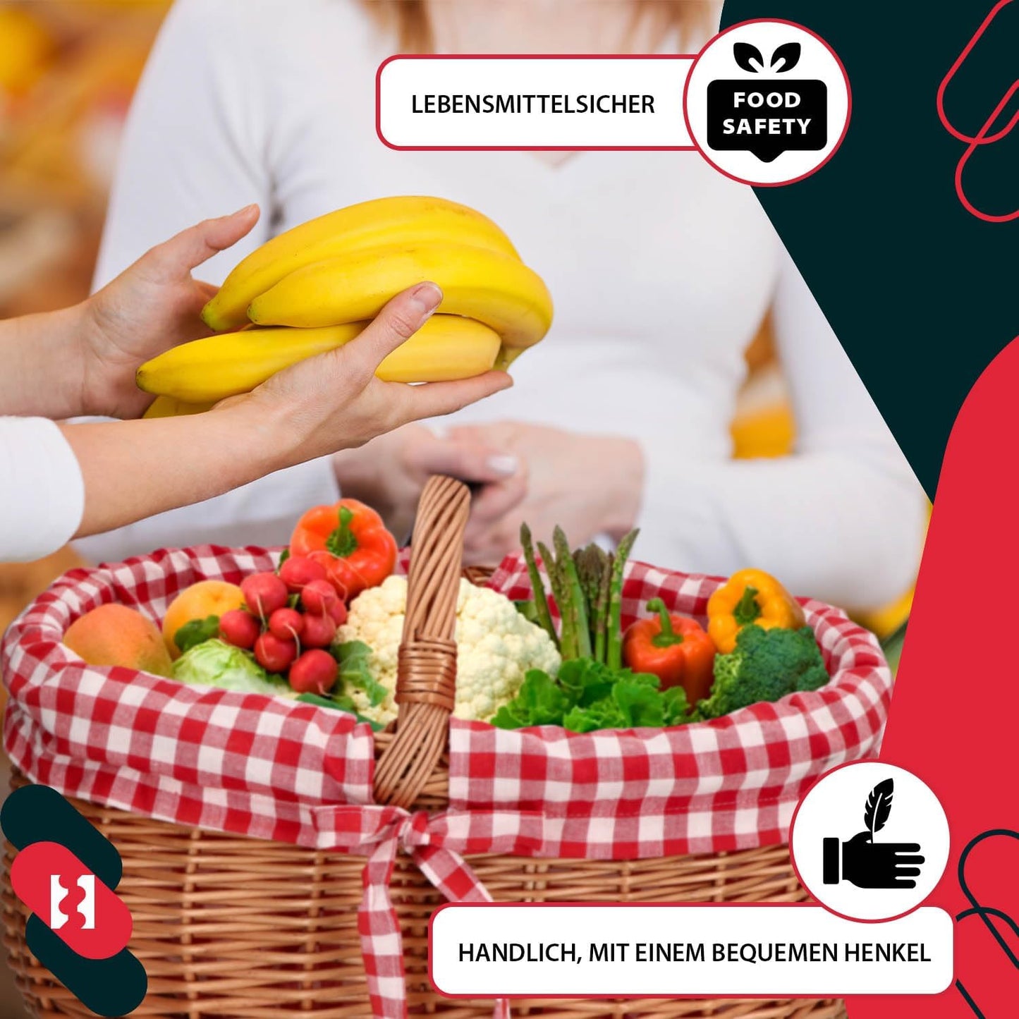 Picknickkorb mit Einsatz, Mit Rot Kariertem