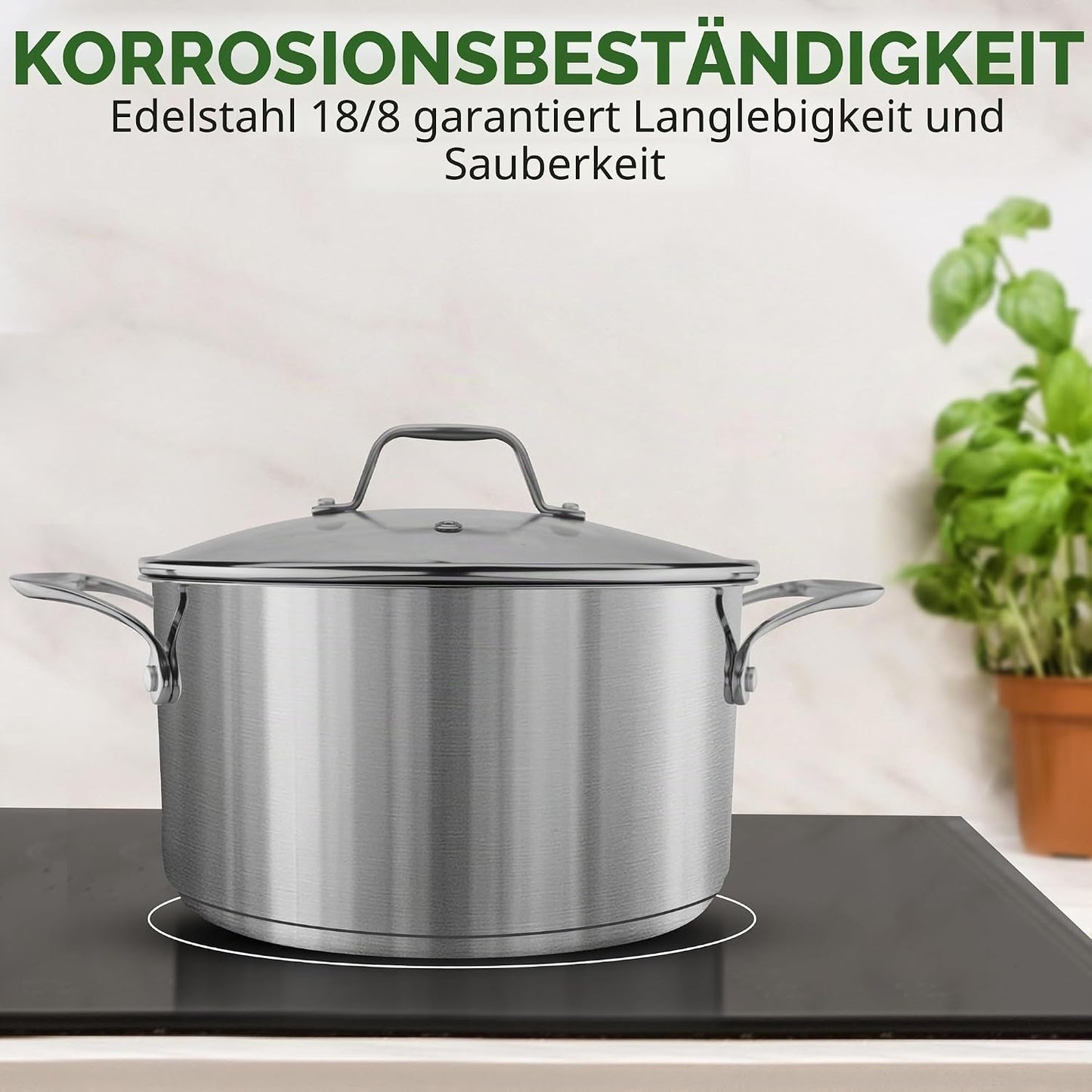 Grosser Edelstahl-Suppentopf (5L, inkl. Glasdeckel), 6 Liter Silber