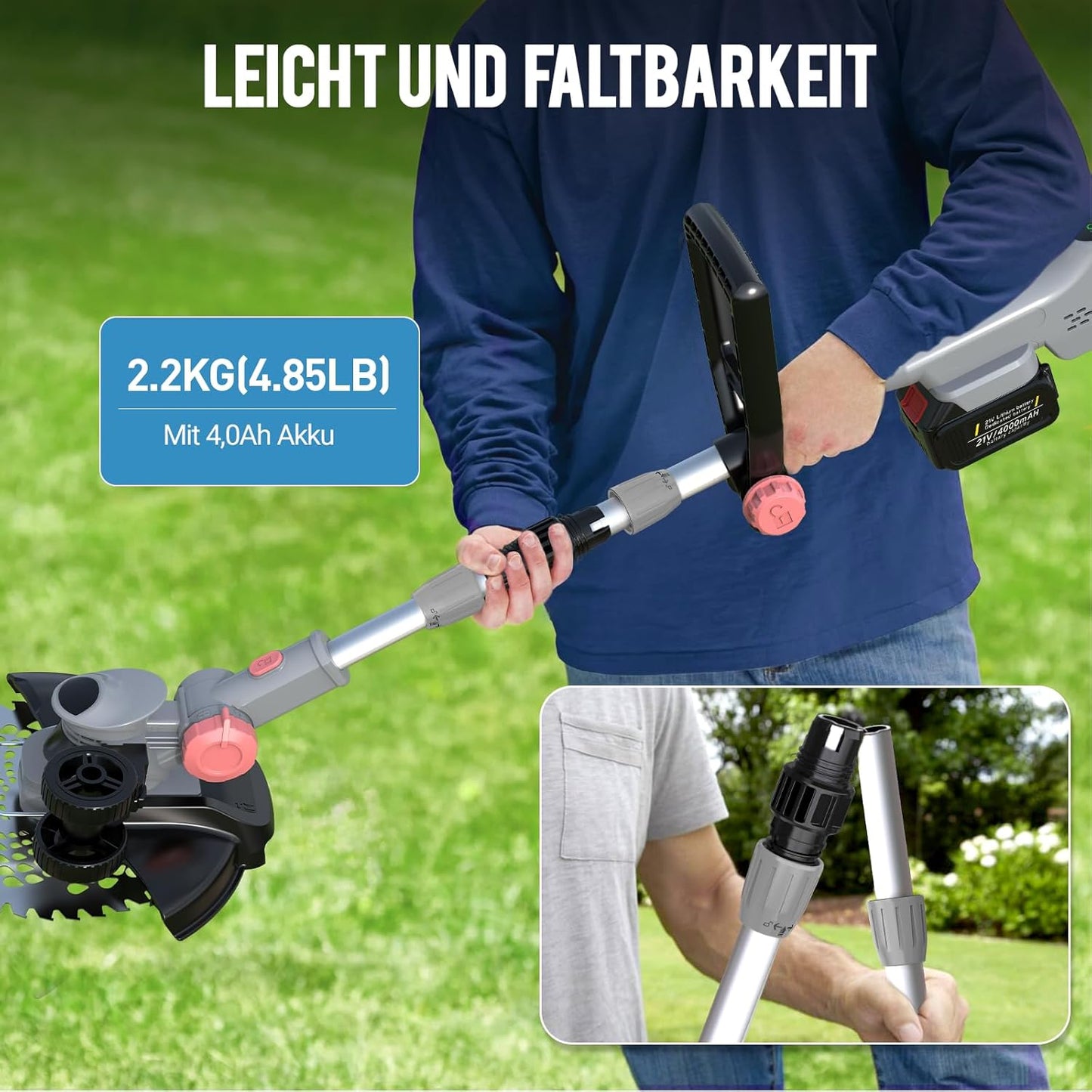 Akku-Rasentrimmer mit Unkrautbürste, Grau