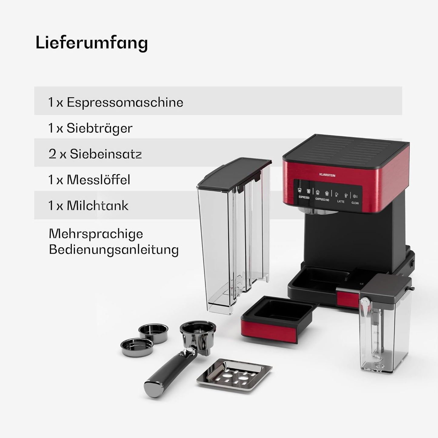 Arabica Comfort Siebträgermaschine mit Milchaufschäumer, 1.8L Rot