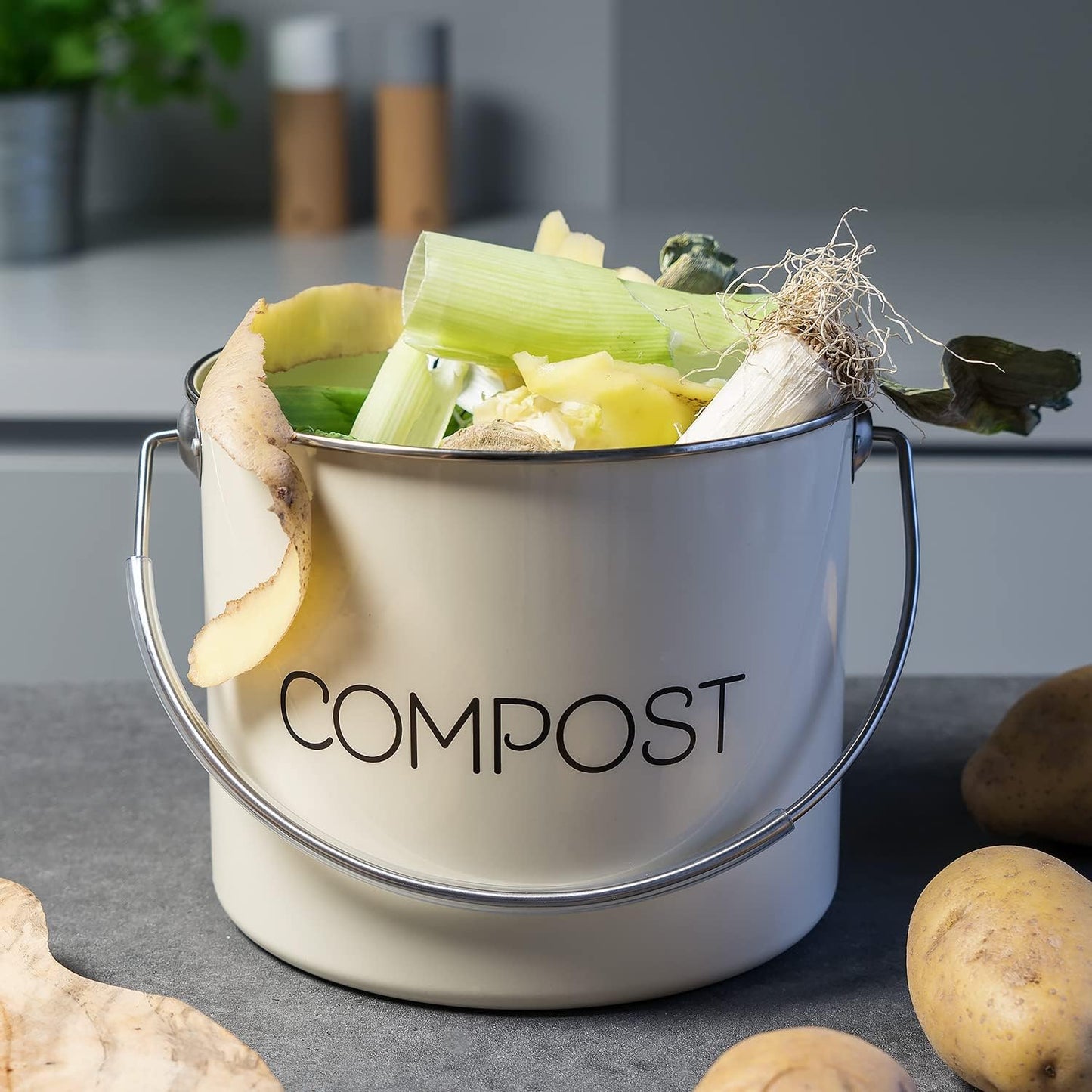 Komposteimer für Biomüll mit Kohlefilter, 5L Creme