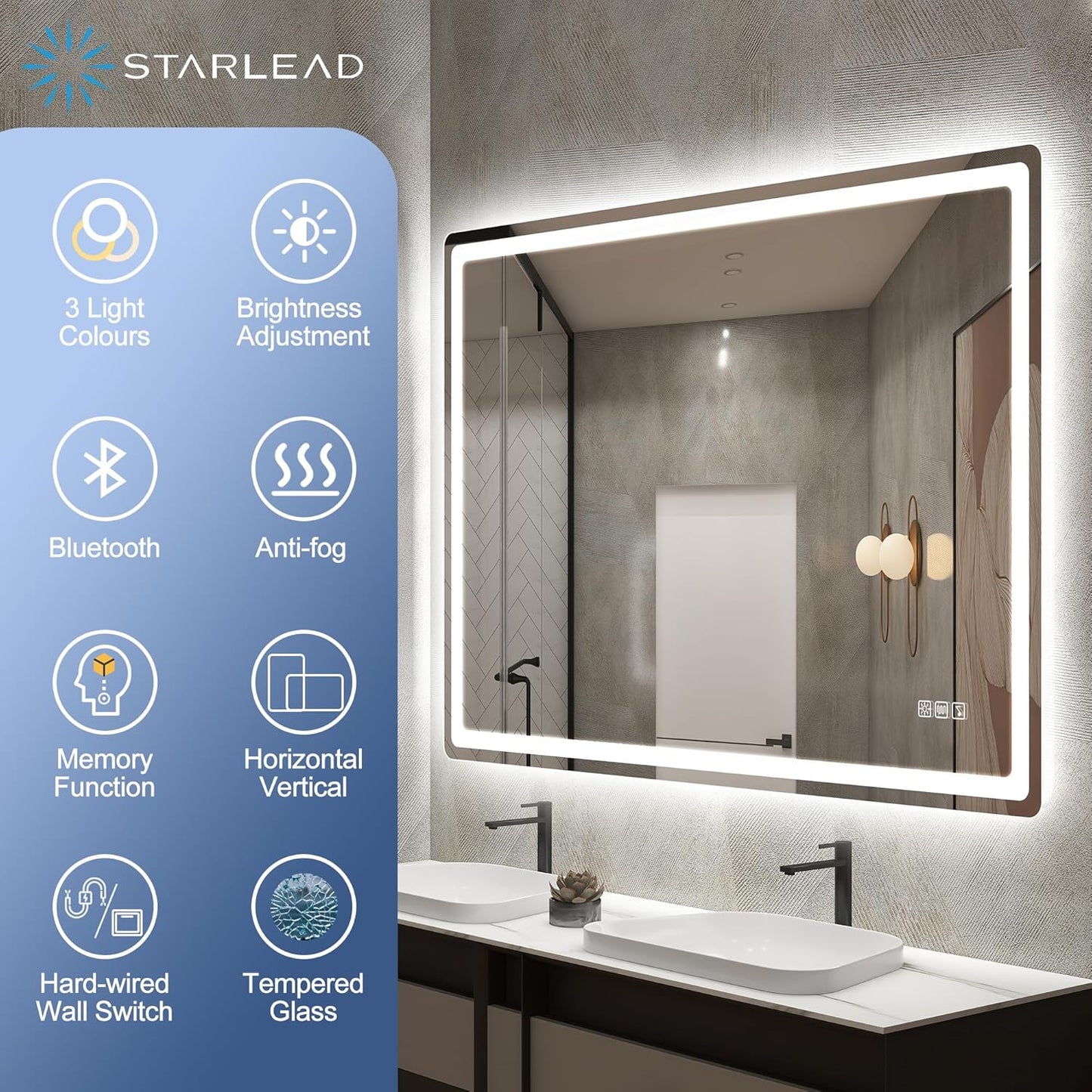 Badezimmerspiegel mit Beleuchtung und Bluetooth, 70 x 100 cm M3015 Madrid Silber (Bluetooth)