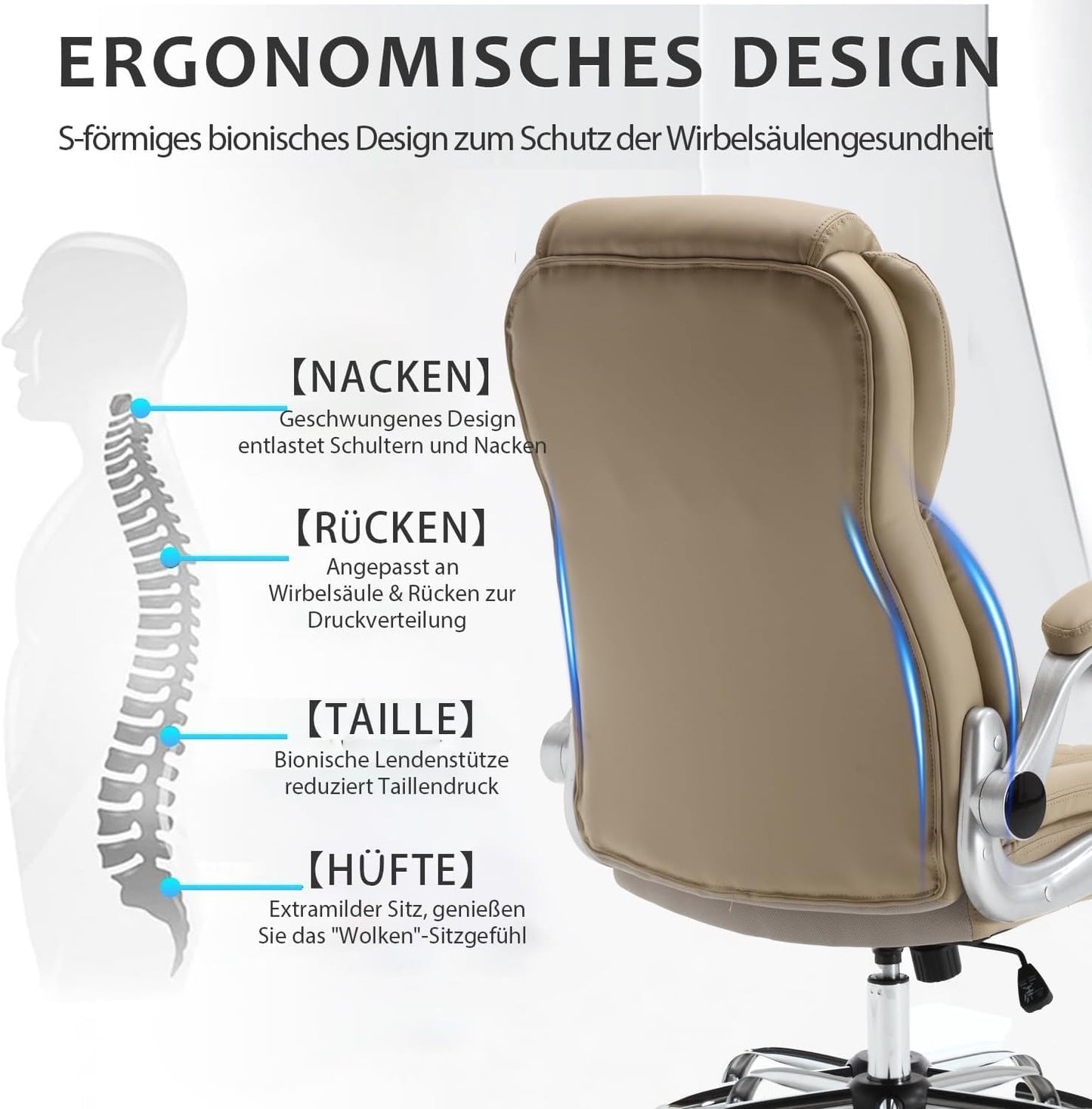 Ergonomischer Bürostuhl mit hoher Rückenlehne, Braun Klassisch