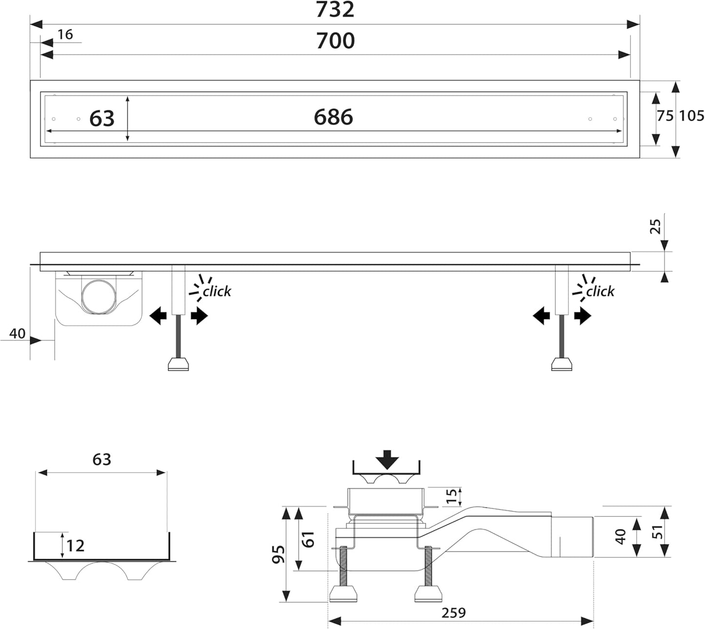 Extraflache Duschrinne 70cm mit Siphon, Länge: 70cm, Abgang Seite