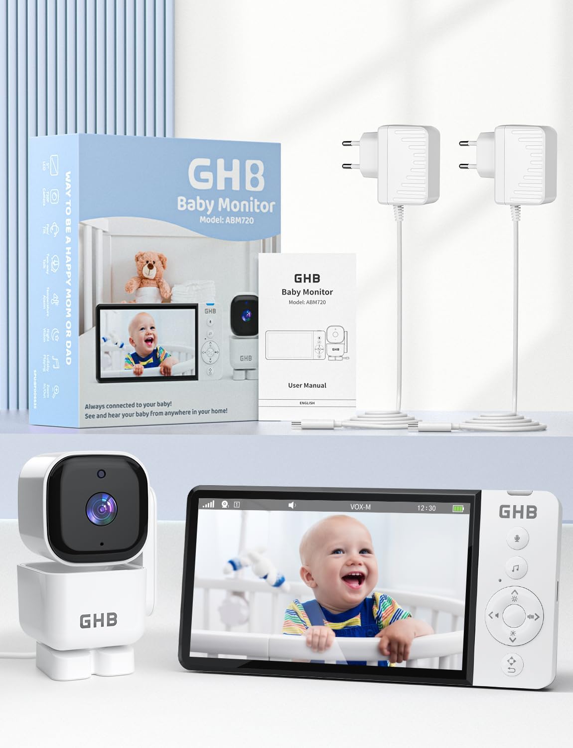 ABM720F Babyphone mit Kamera, 5 Zoll HD-Display und VOX-Funktion, Schwenkbar