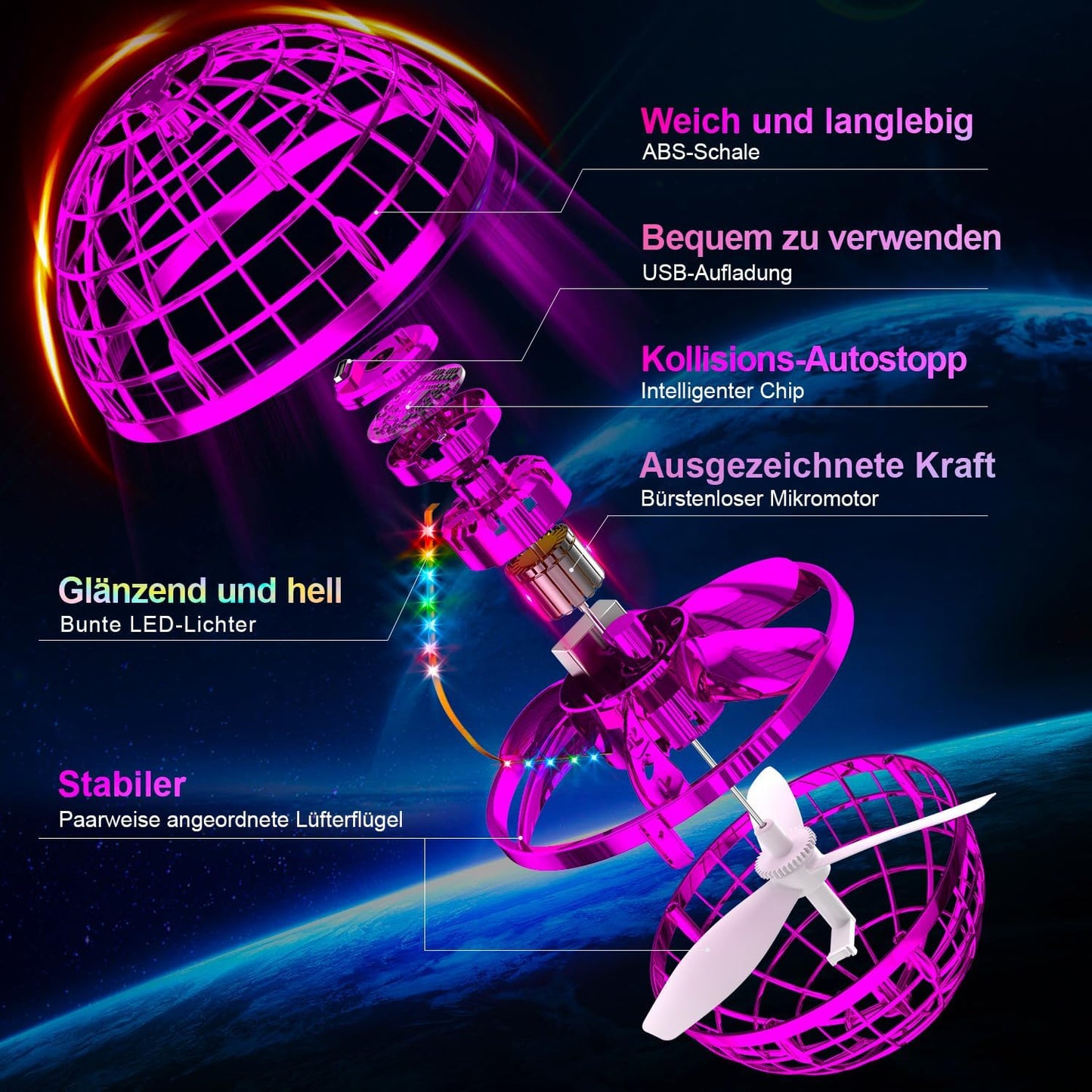 Fliegender Zauberball mit LED-Licht, Rosa