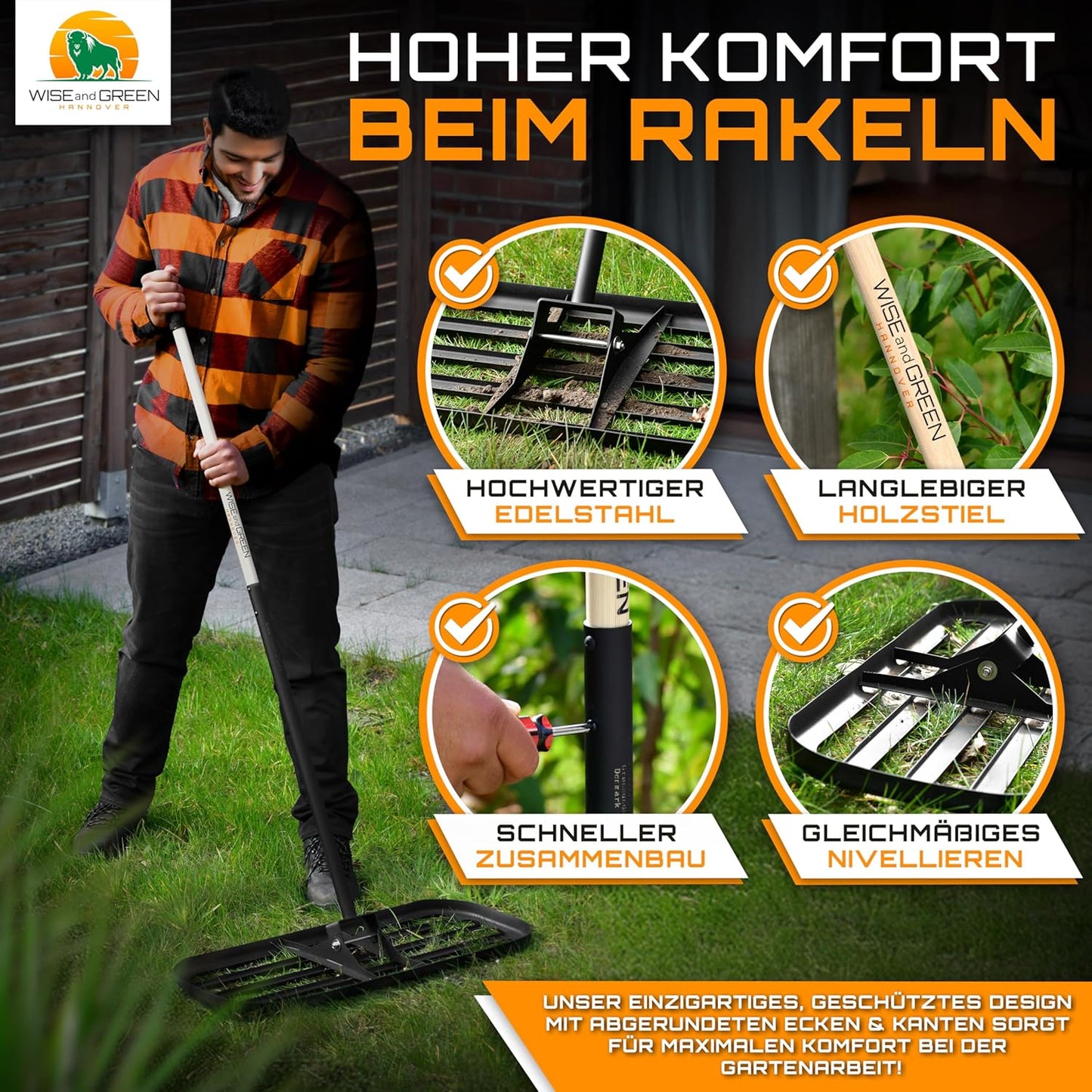 Rasenrakel mit runden Ecken, Edelstahl (80x30cm)
