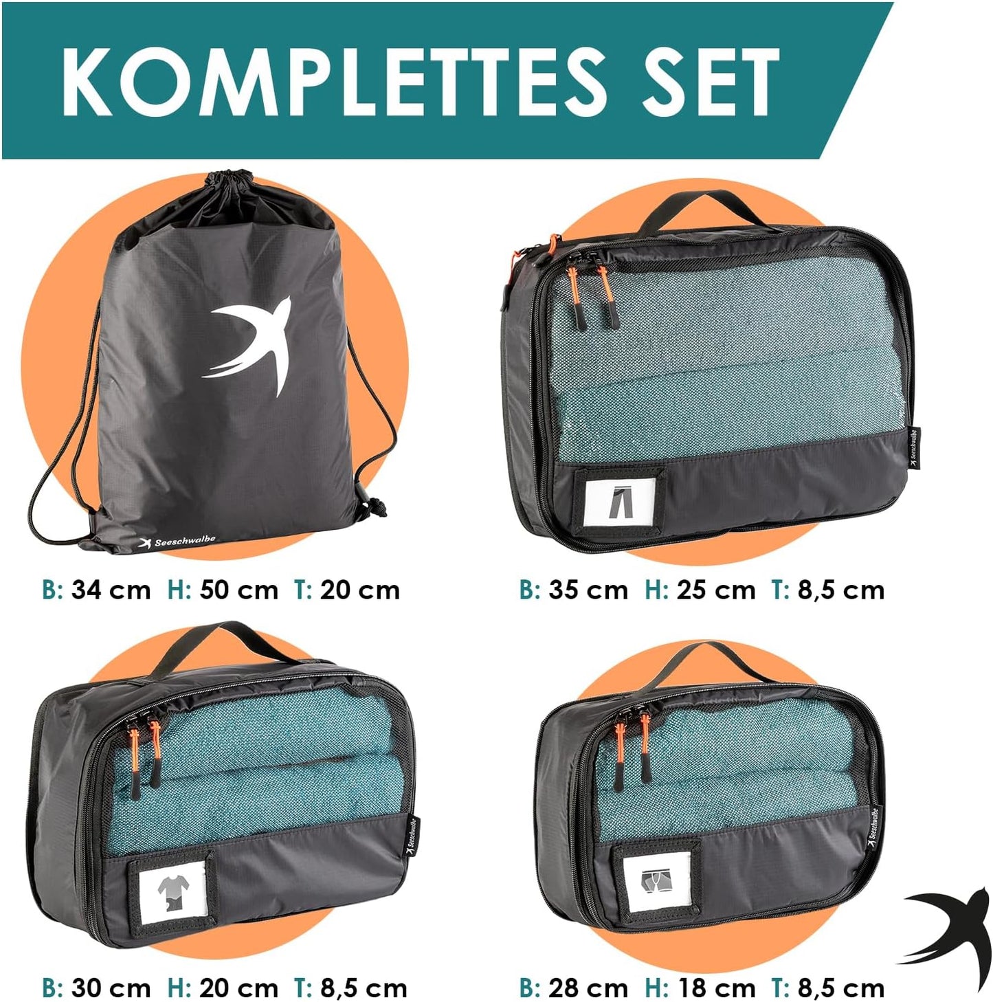 4-teiliges Packwürfel-Set, Schwarz 4-teiliges Set