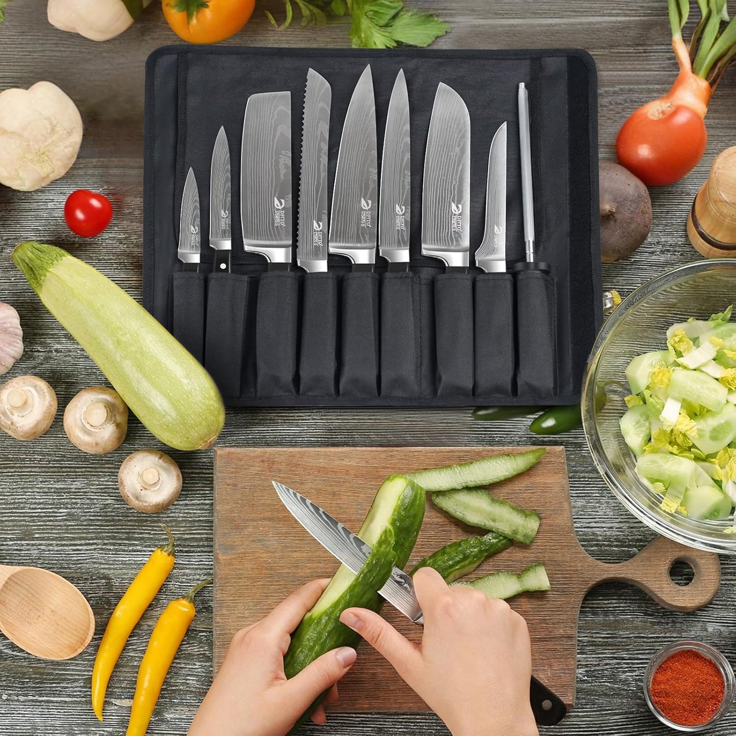 Messerset mit Rolltasche, Schwarz Griff 8pcs