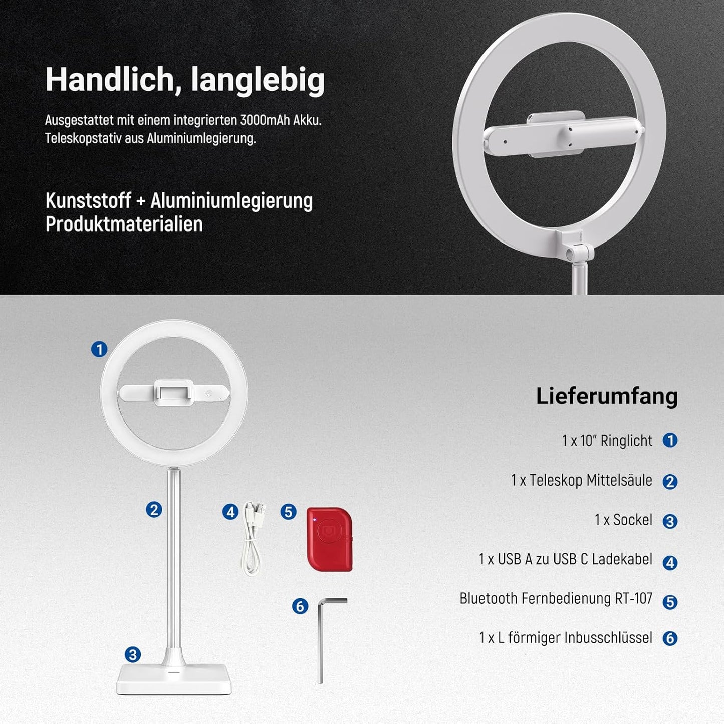 LED-Ringlicht mit Stativ & Handyhalter, Weiss 10" mit Bodenständer