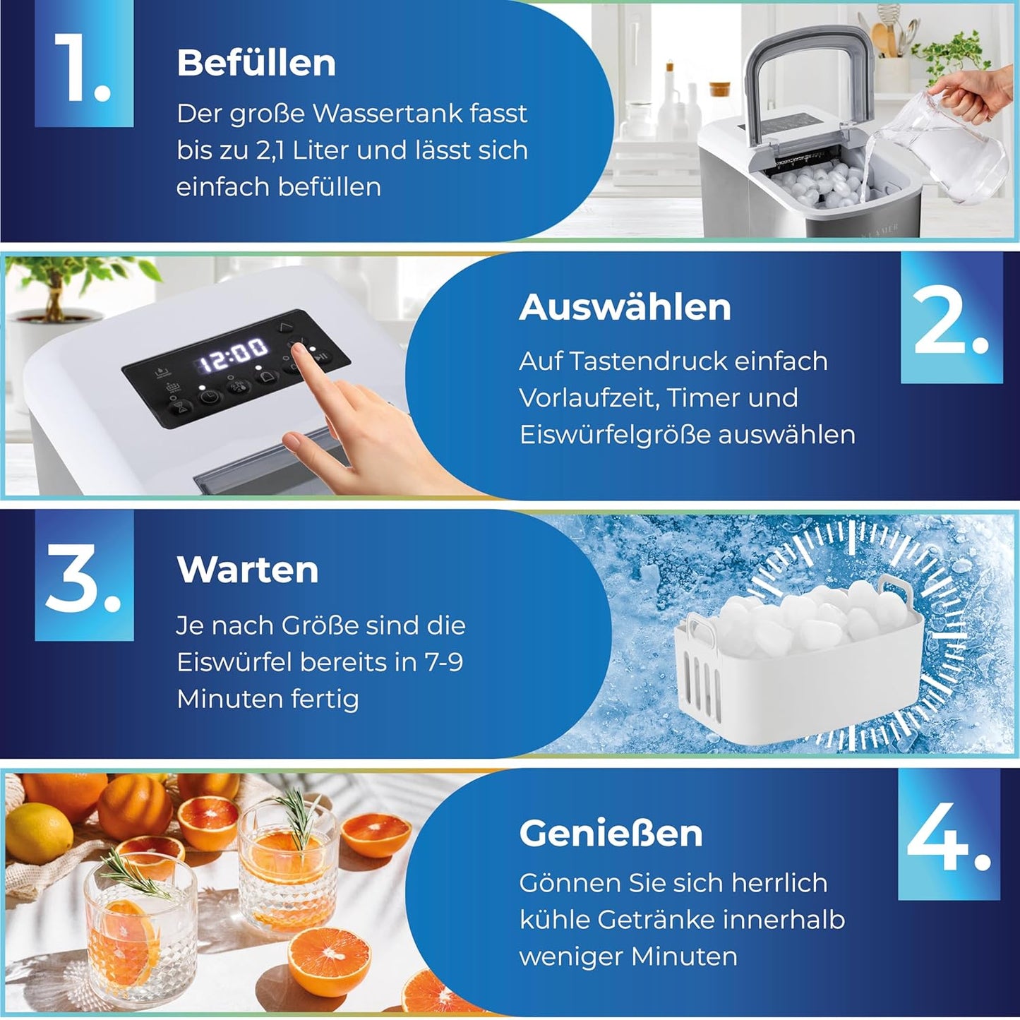 Eiswürfelmaschine mit Timer & Schaufel, Weiss 2.1L
