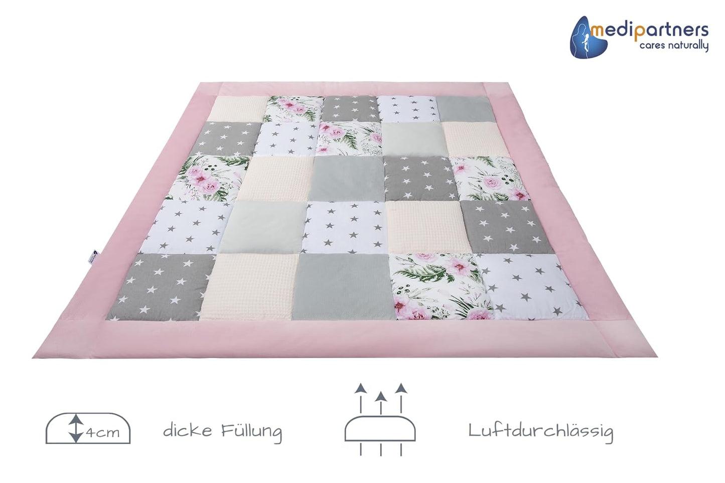Krabbeldecke, 120x120cm Rosa Blumen