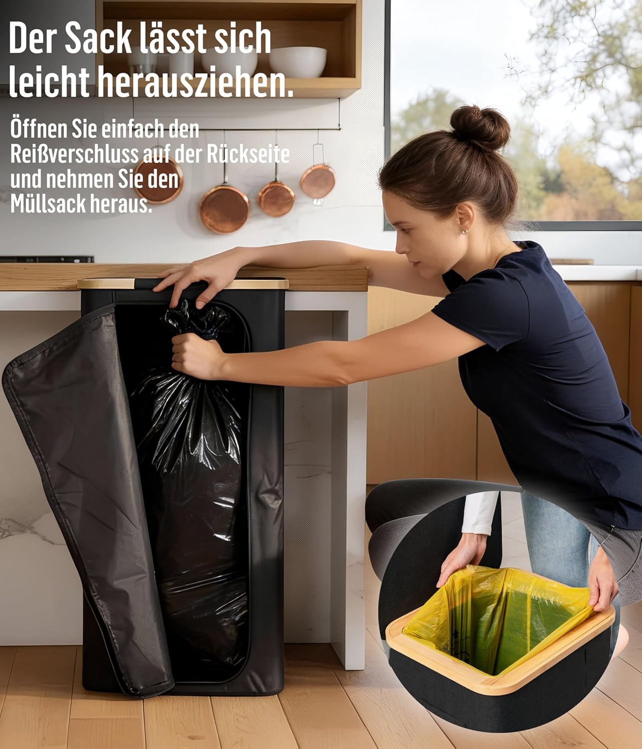 Müllsackständer mit Bambusrahmen, 120L - Schwarz