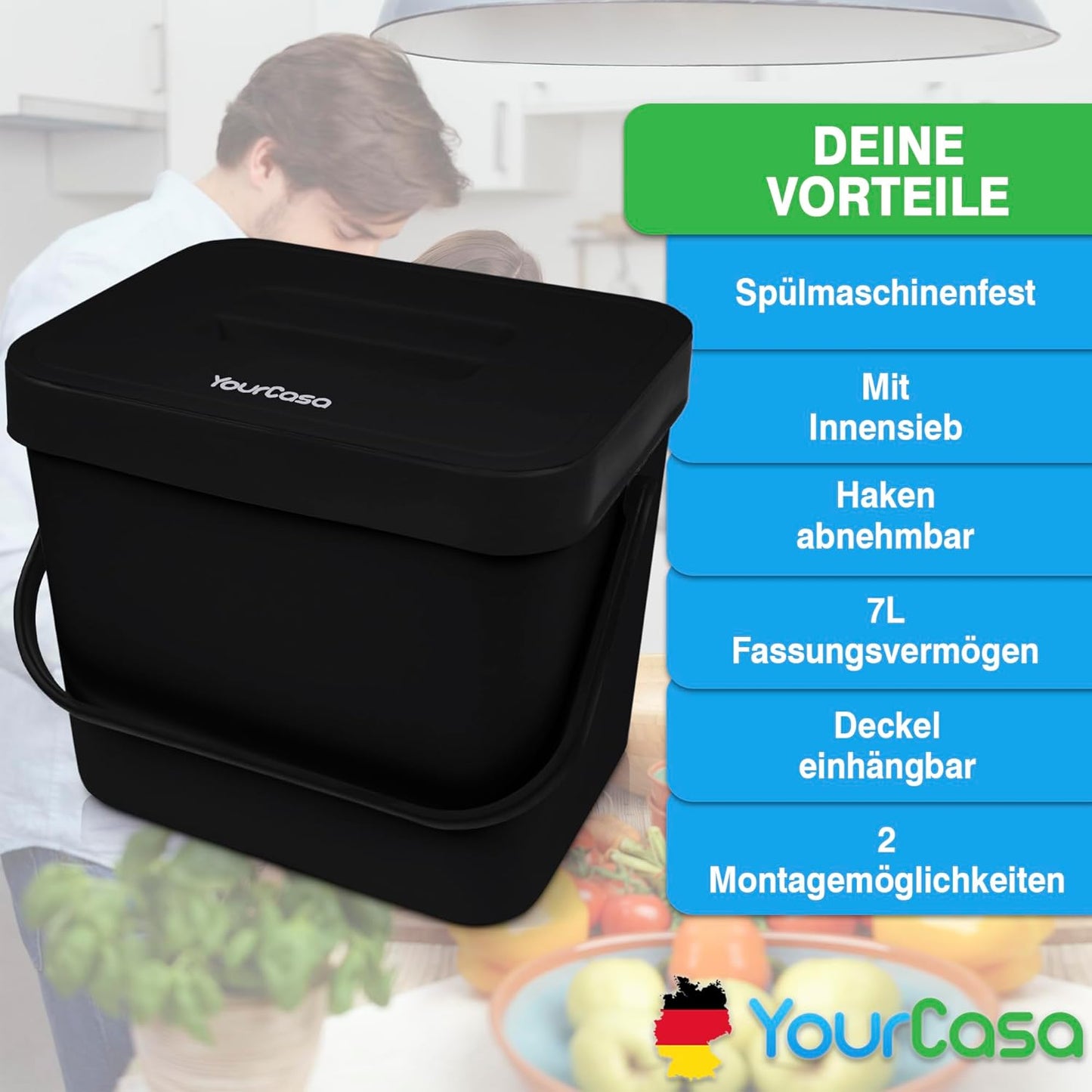 Biomülleimer mit Sieb, Schwarz