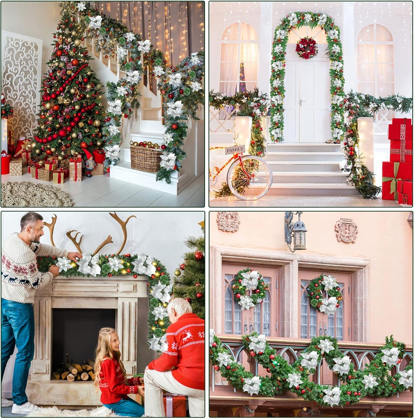 Weihnachtsgirlande mit Blumen und Beeren, Silber