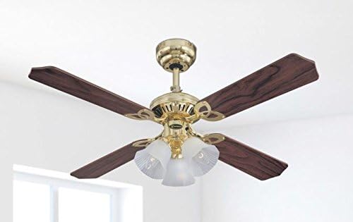 Deckenventilator Princess Trio inkl. Leuchten-Set, Ausführung in Poliertem Messing mit Wendeflügeln in Eiche mit Rattan/Mahagoni