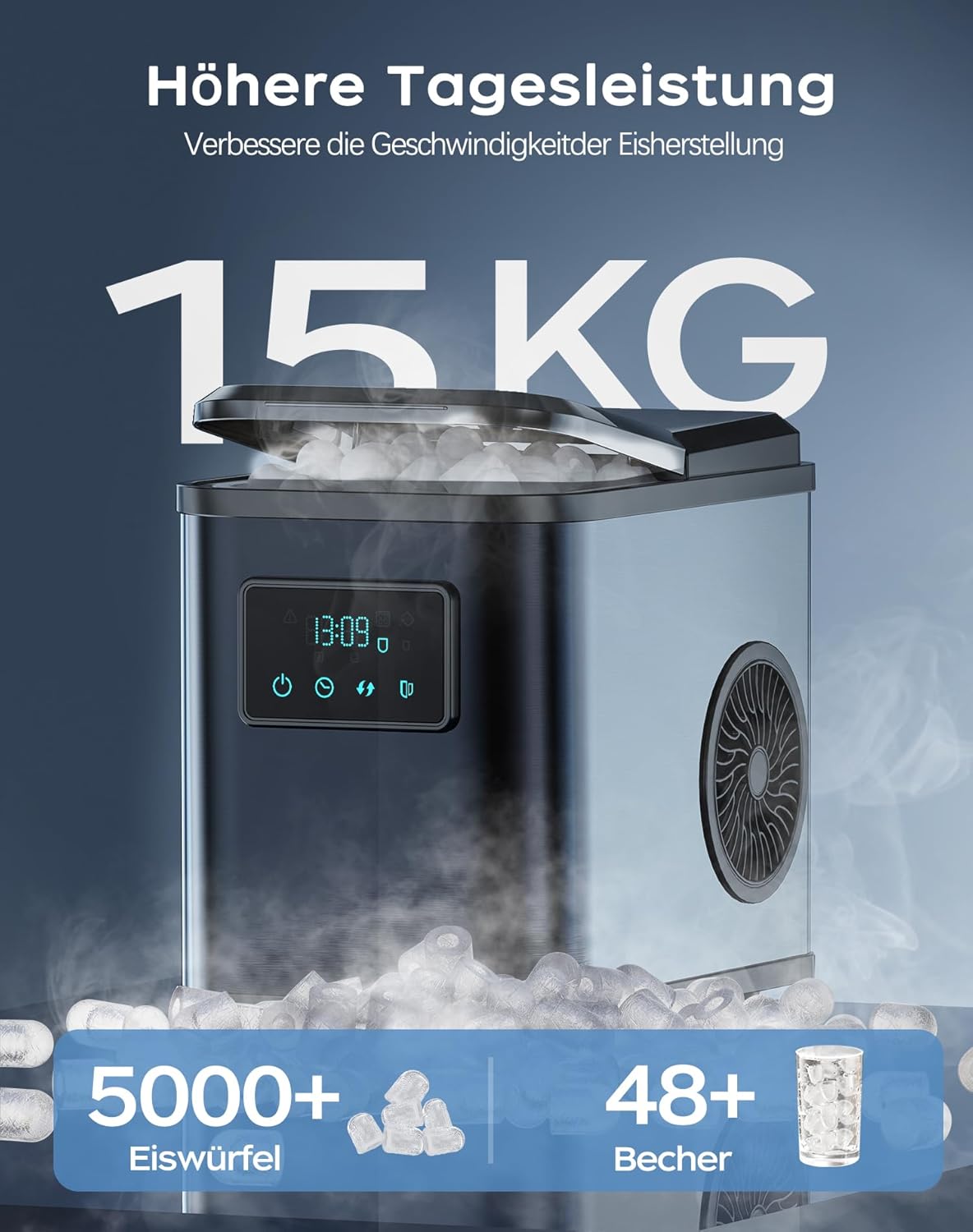 YT-E-009BA Eiswürfelmaschine mit LED-Display und Reinigungsfunktion, Grau