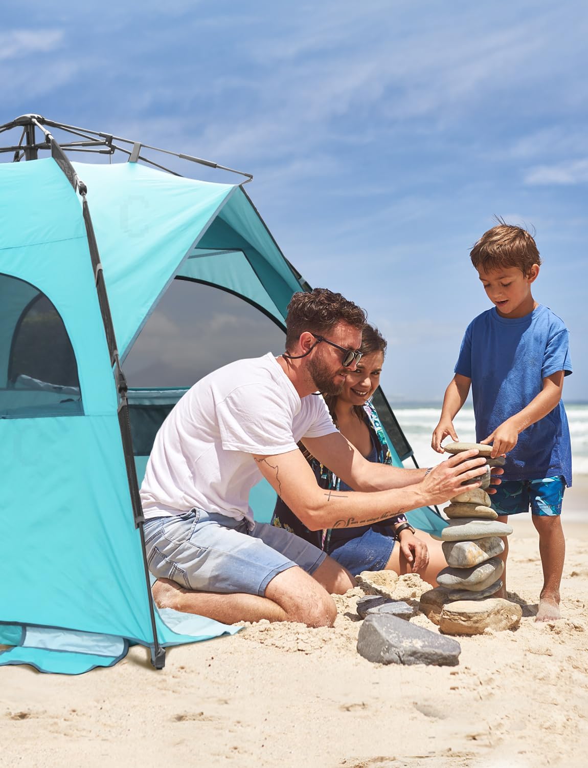 Quick-Up Strandmuschel mit UV-Schutz 50+ für 4-6 Personen, Blau mit silbernem Vinyl
