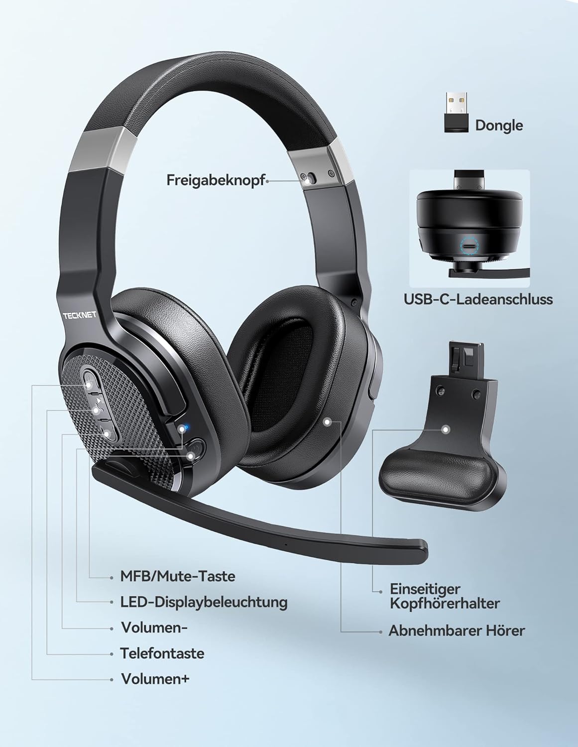 Bluetooth-Headset mit Mikrofon und Noise Cancelling, Reines Schwarz