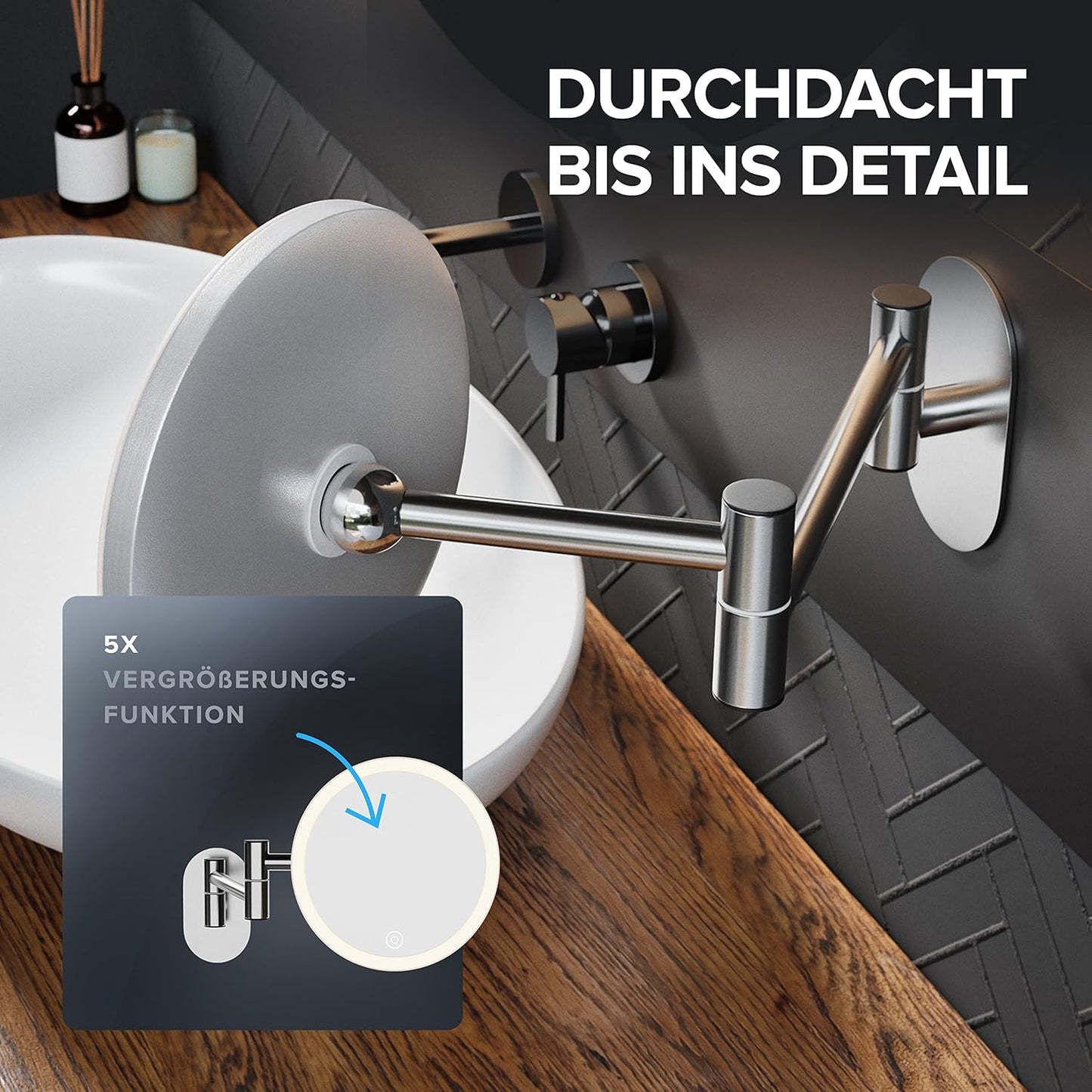 Kosmetikspiegel mit Beleuchtung, 5x Vergrösserung, Wandmontage, Silber - Ohne Bohren Zum Kleben