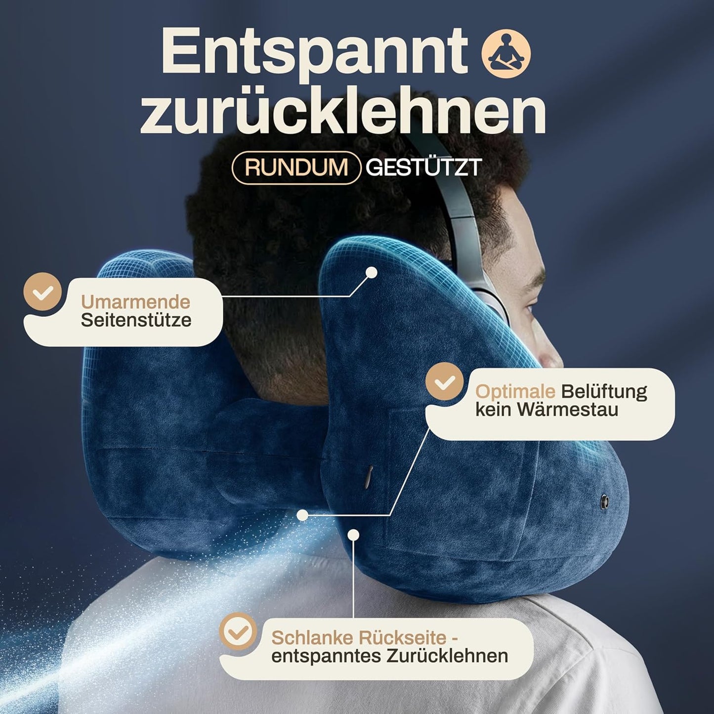 Aufblasbares Nackenkissen mit abnehmbarer Kapuze, Grösse L, Navy Blue Gross - passt den meisten