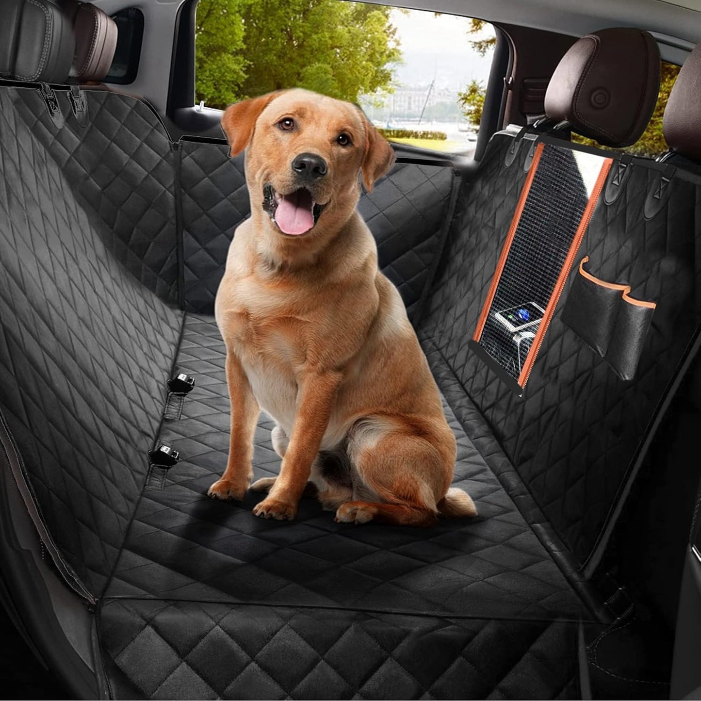 Autoschondecke für Hunde mit Seitenschutz, Hundedecke Auto Rückbank Schwarz-Orange-1