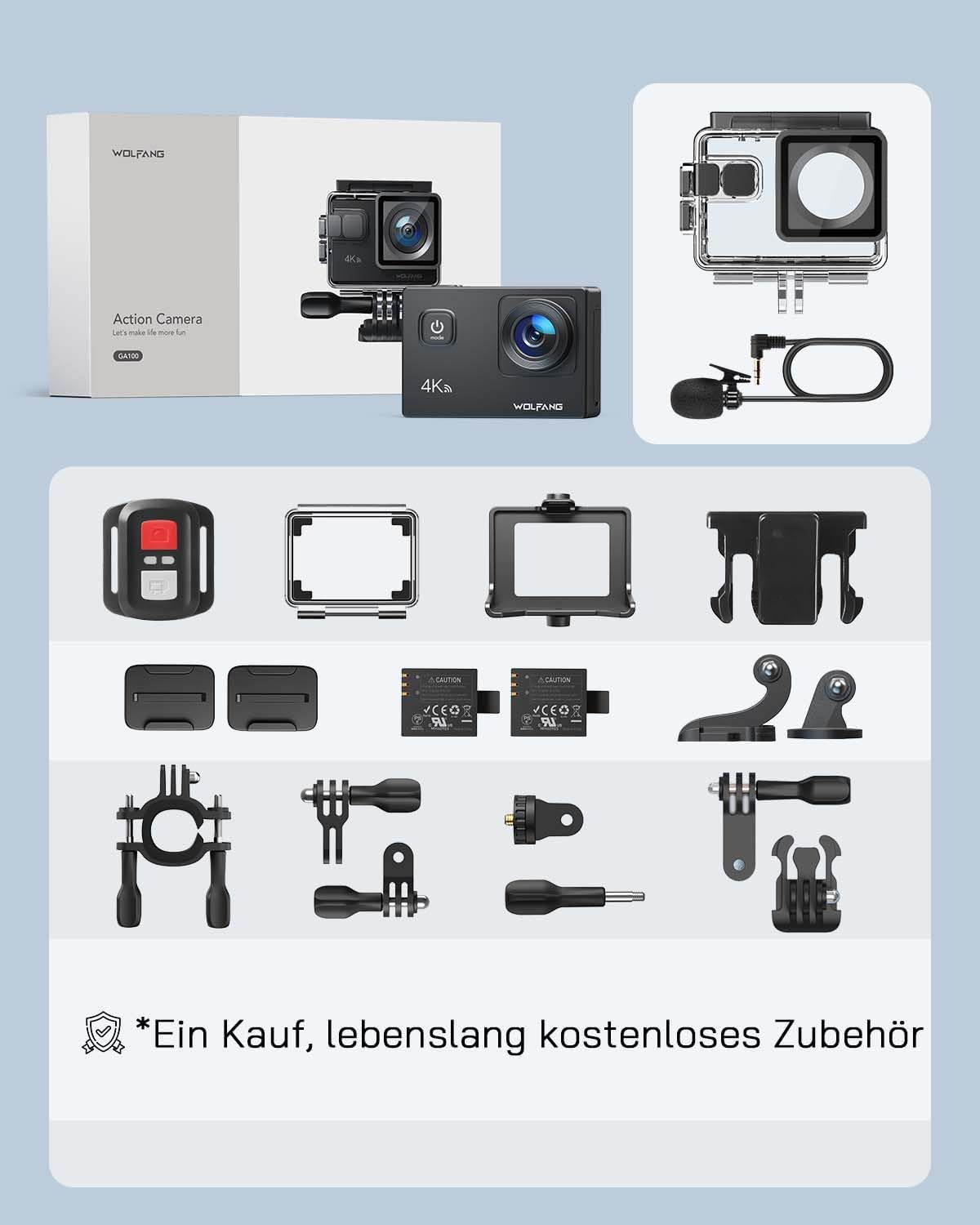 Action Cam 4K30FPS Unterwasserkamera mit Zubehör, Bundle with SD card
