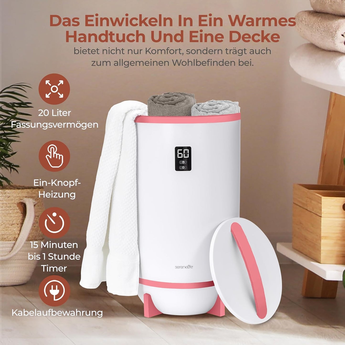 Elektrischer Handtuchwärmer mit Timer & Schutzfunktionen, Rosa