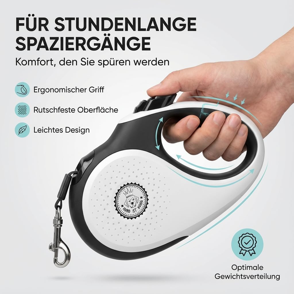 Ausziehbare Hundeleine 5m für Hunde bis 25kg, M | 5m | bis 25kg Weiss | Schwarz