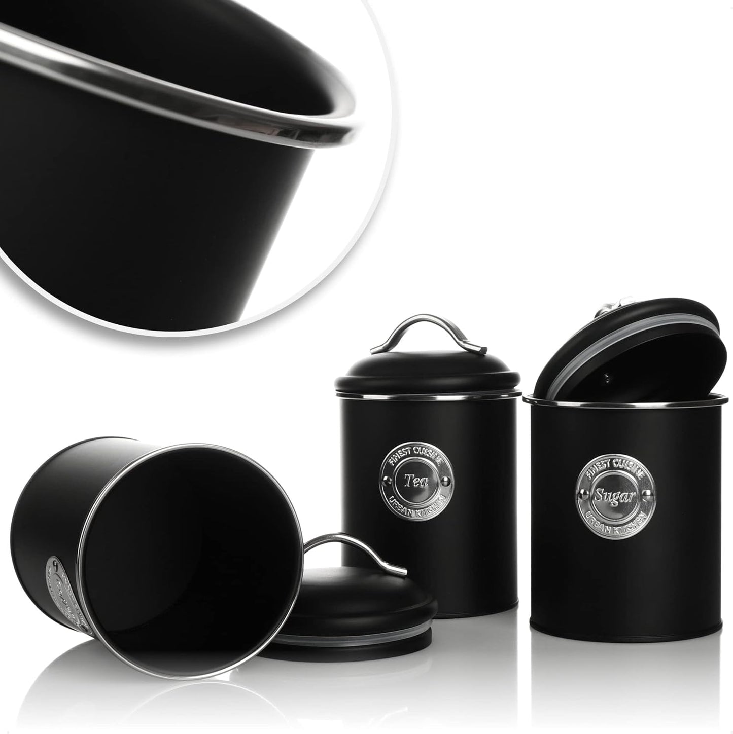 3er-Set Vorratsdose für Kaffee, Tee und Zucker, 03 Stück - Schwarz