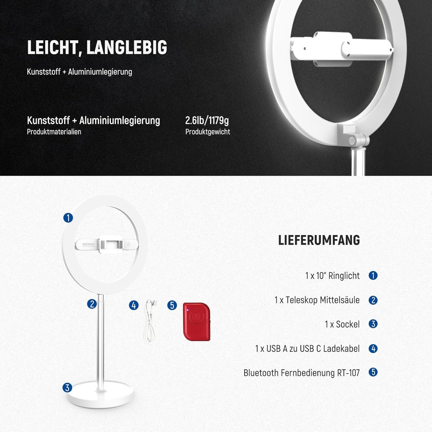 LED Selfie Ringlicht N17 mit Tischständer und Handyhalter, Weiss 10" mit Tischstativ