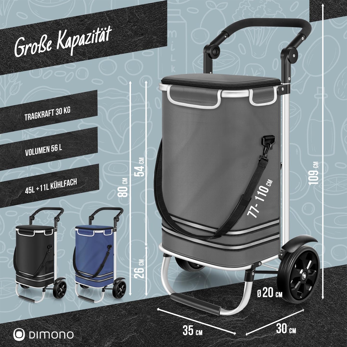 Klappbarer Einkaufstrolley mit Kühlfach, 56 Liter, 30 kg, Grau
